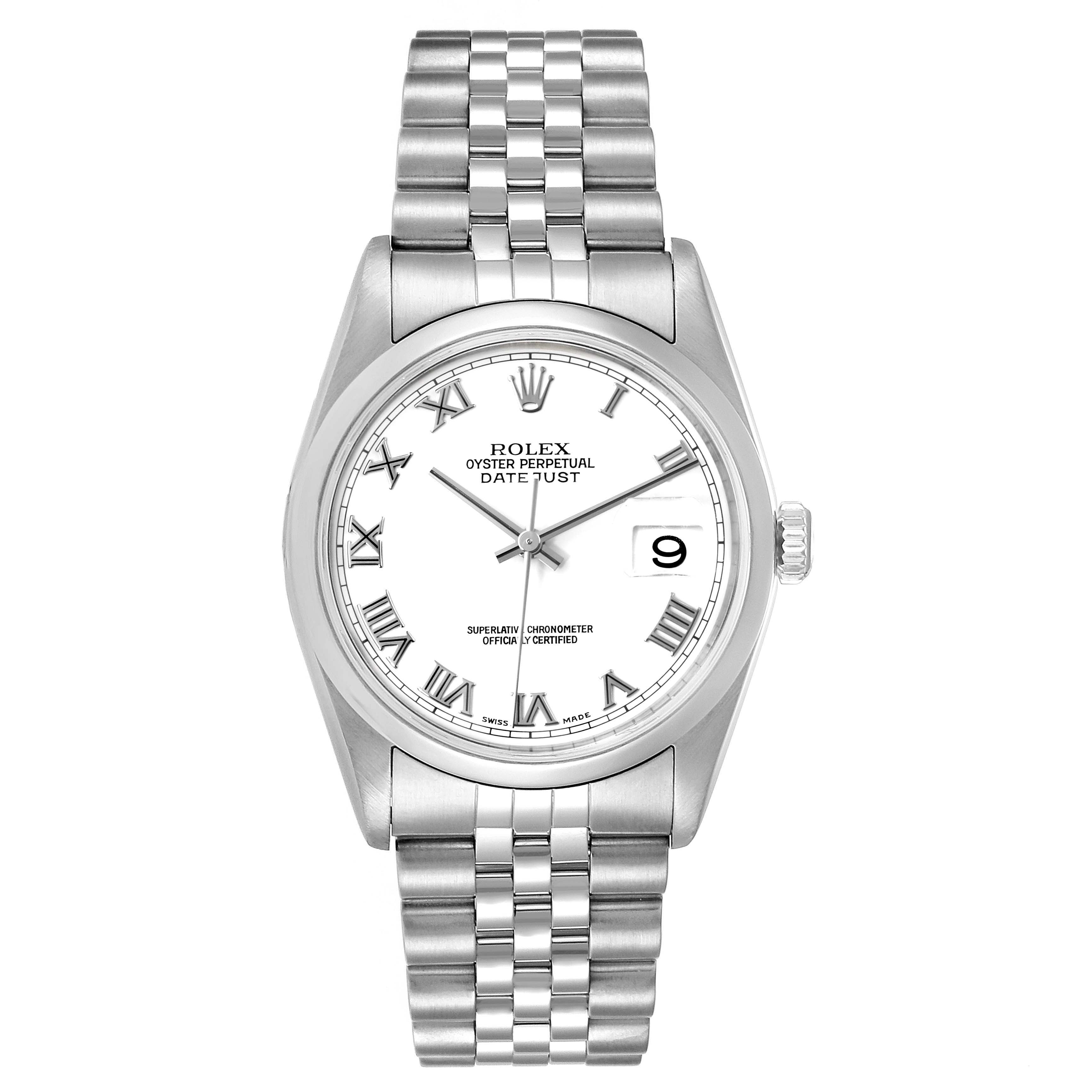 This is a front view of the Rolex Datejust 16200 Men
s Stainless Steel White Dial 16200 Men
s Stainless Steel White Dial watch, showing the face, bezel, crown, and bracelet.