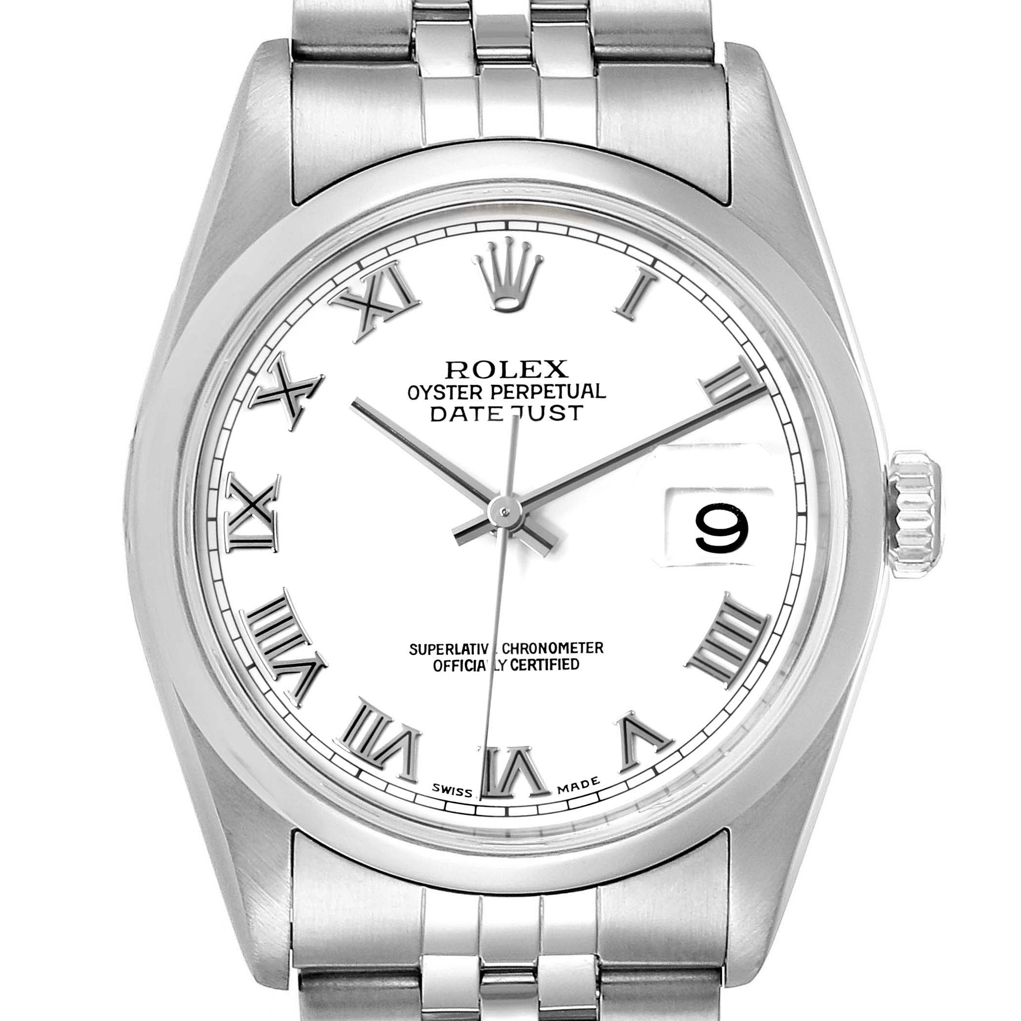 The image shows a front view of a Rolex Datejust 16200 Men
s Stainless Steel White Dial 16200 Men
s Stainless Steel White Dial watch, featuring a white dial, Roman numerals, date window, and stainless steel bracelet.