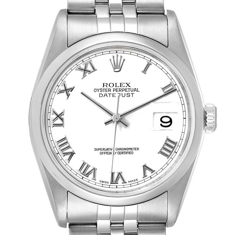 Rolex Datejust White Roman Dial jubilee Bracelet Steel Mens Watch 16200 Box SwissWatchExpo