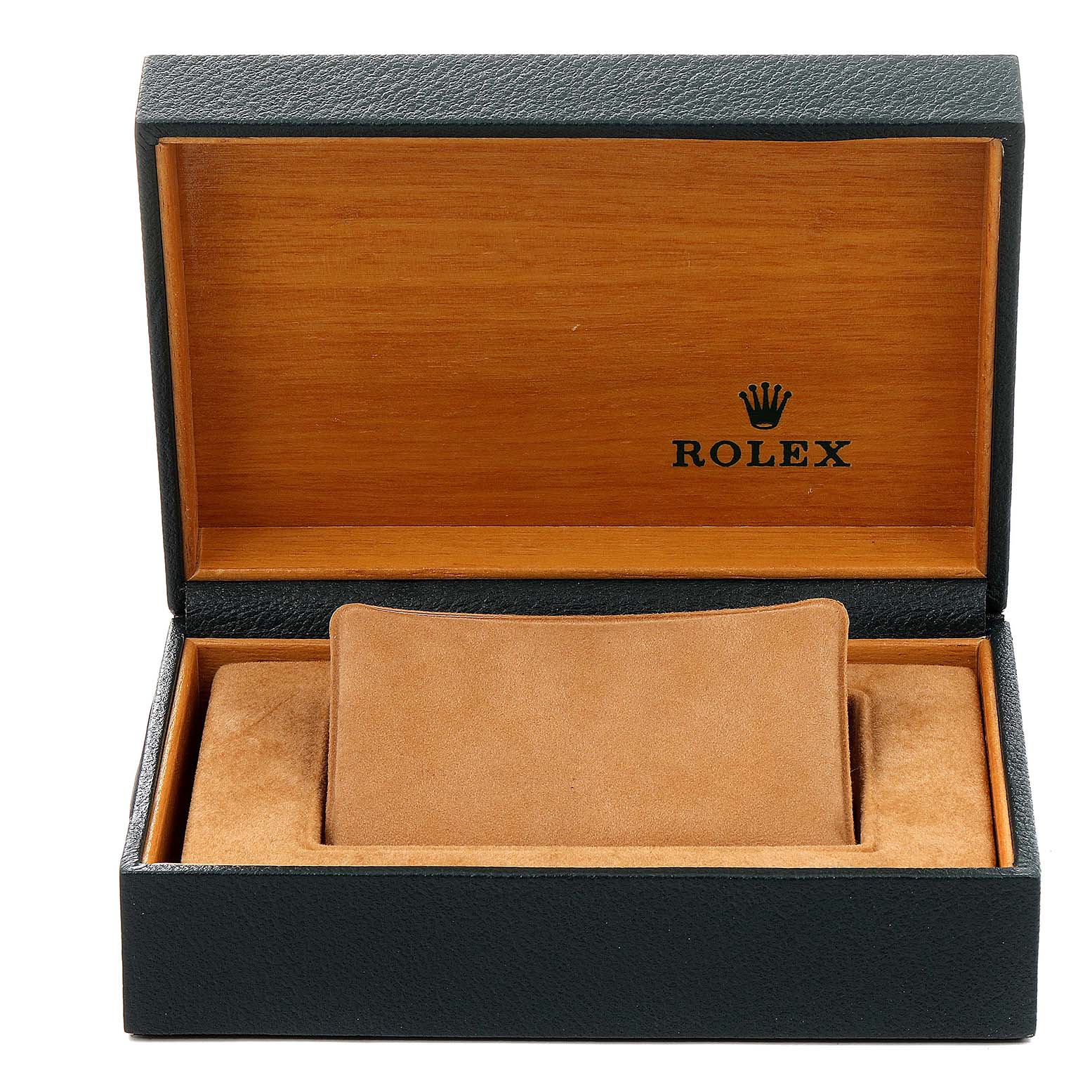 The image shows an open Rolex Datejust 16200 Men
s Stainless Steel White Dial 16200 Men
s Stainless Steel White Dial watch box with a cushioned holder, viewed from the front.