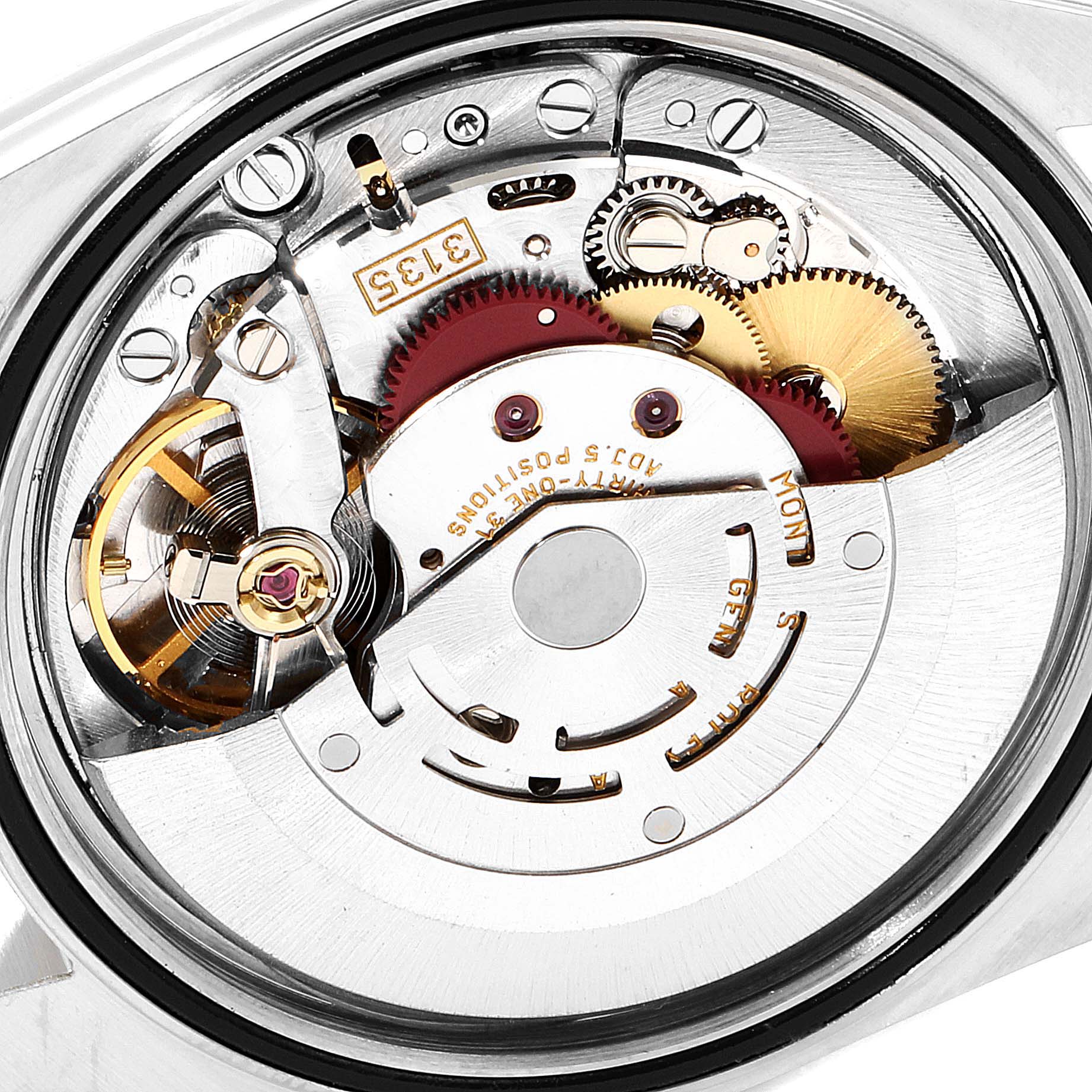 The image shows a close-up view of the movement and internal components of the Rolex Datejust 16200 Men
s Stainless Steel White Dial 16200 Men
s Stainless Steel White Dial watch.