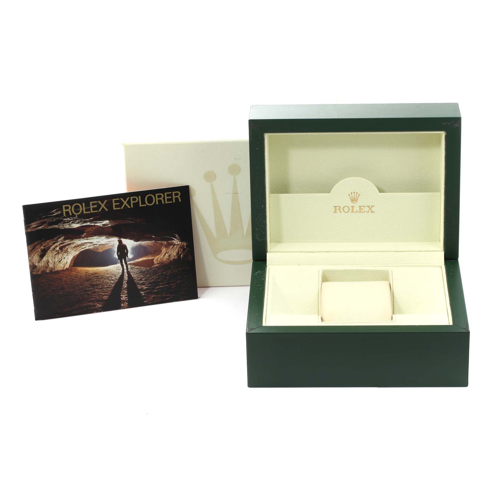 This image displays the Rolex Explorer 16570 Men
s Stainless Steel White Dial 16570 Men
s Stainless Steel White Dial box and booklet from a frontal angle.