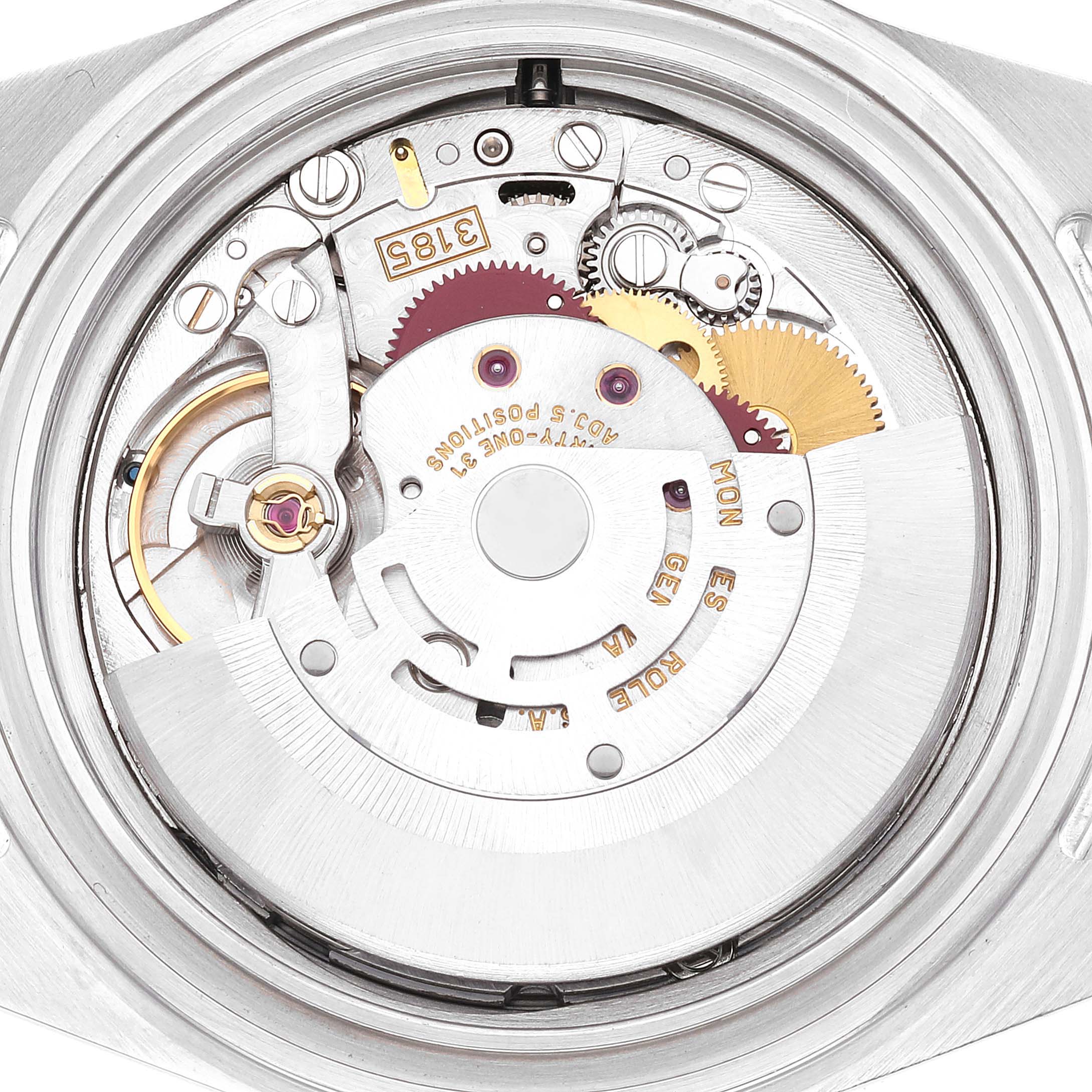 This is an internal view of the Rolex Explorer 16570 Men
s Stainless Steel White Dial 16570 Men
s Stainless Steel White Dial watch model showing its intricate movement and gears.
