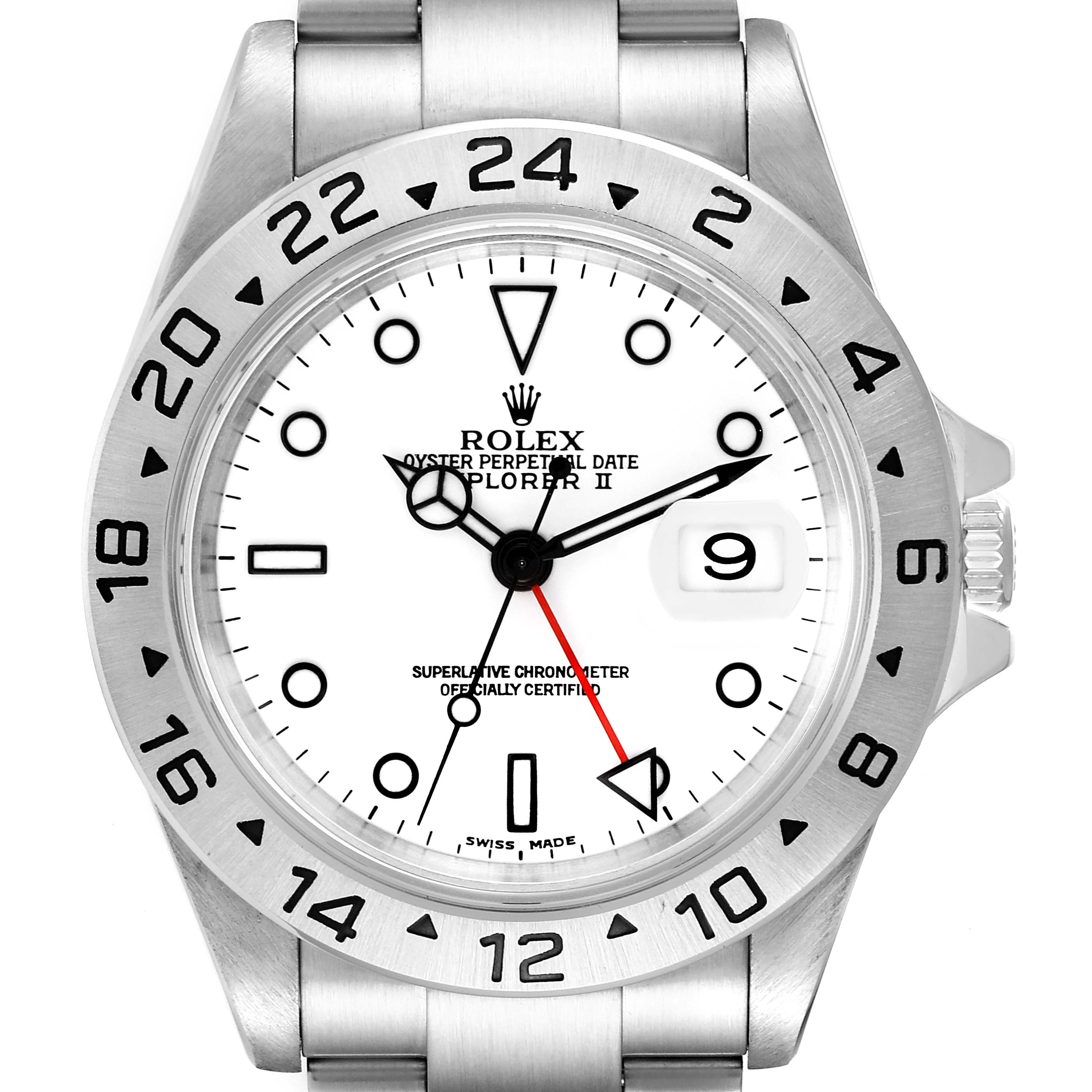 This image shows a front view of the Rolex Explorer 16570 Men
s Stainless Steel White Dial 16570 Men
s Stainless Steel White Dial watch, highlighting its white dial, bezel, and stainless steel bracelet.