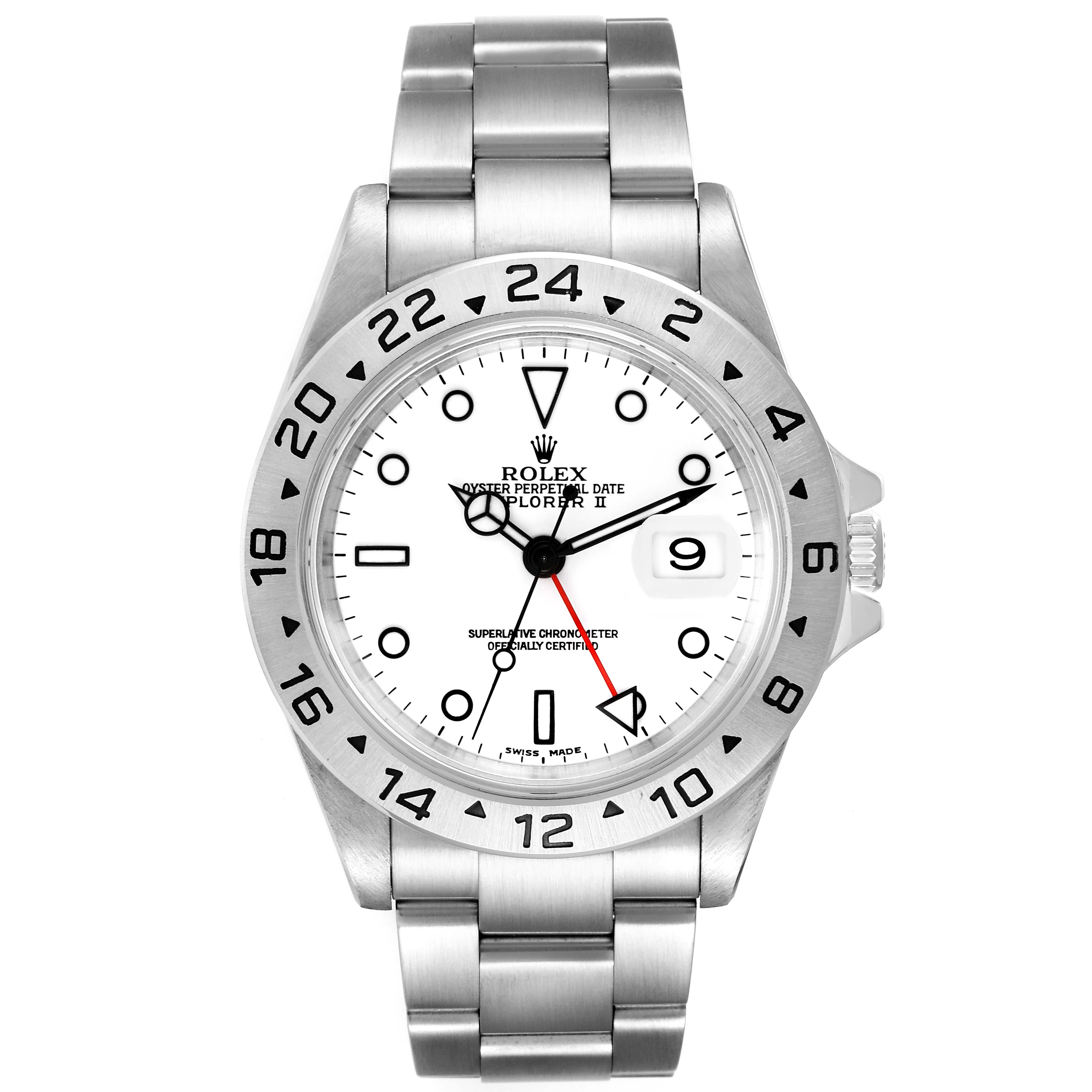 The image shows a front view of the Rolex Explorer 16570 Men
s Stainless Steel White Dial 16570 Men
s Stainless Steel White Dial watch, featuring its dial, bezel, and bracelet.
