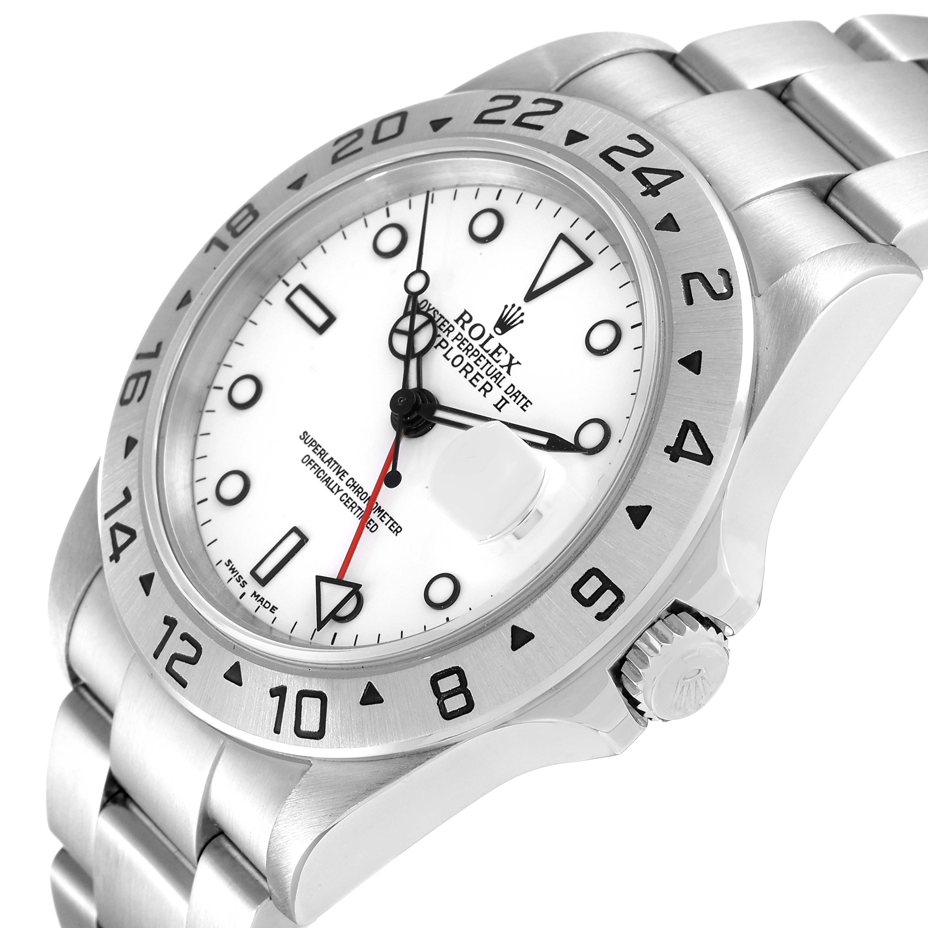 This image shows a side view of a Rolex Explorer 16570 Men
s Stainless Steel White Dial 16570 Men
s Stainless Steel White Dial watch, highlighting its dial, bezel, and part of the bracelet.