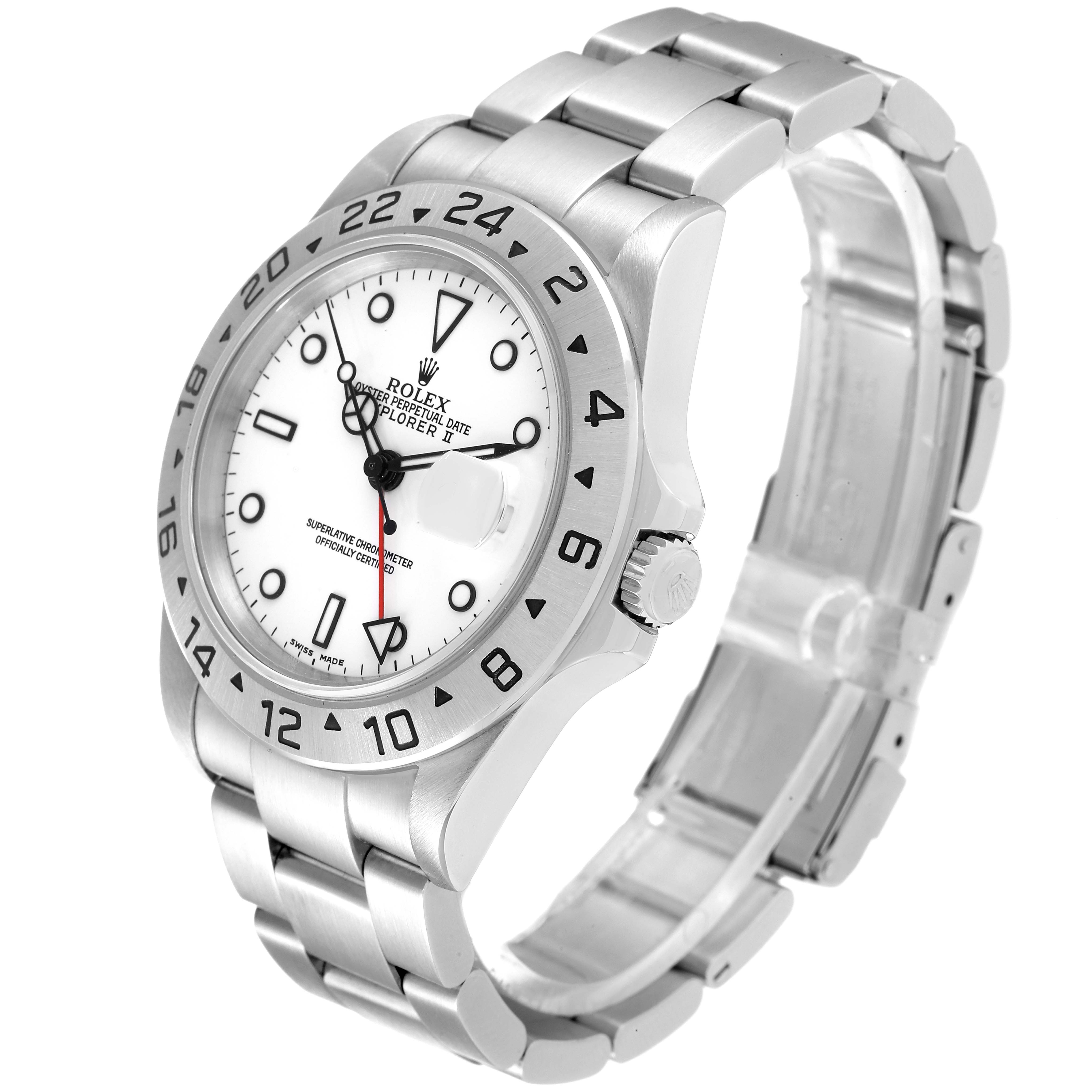 The Rolex Explorer 16570 Men
s Stainless Steel White Dial 16570 Men
s Stainless Steel White Dial model watch is shown at an angle displaying the face, bezel, crown, and part of the bracelet.