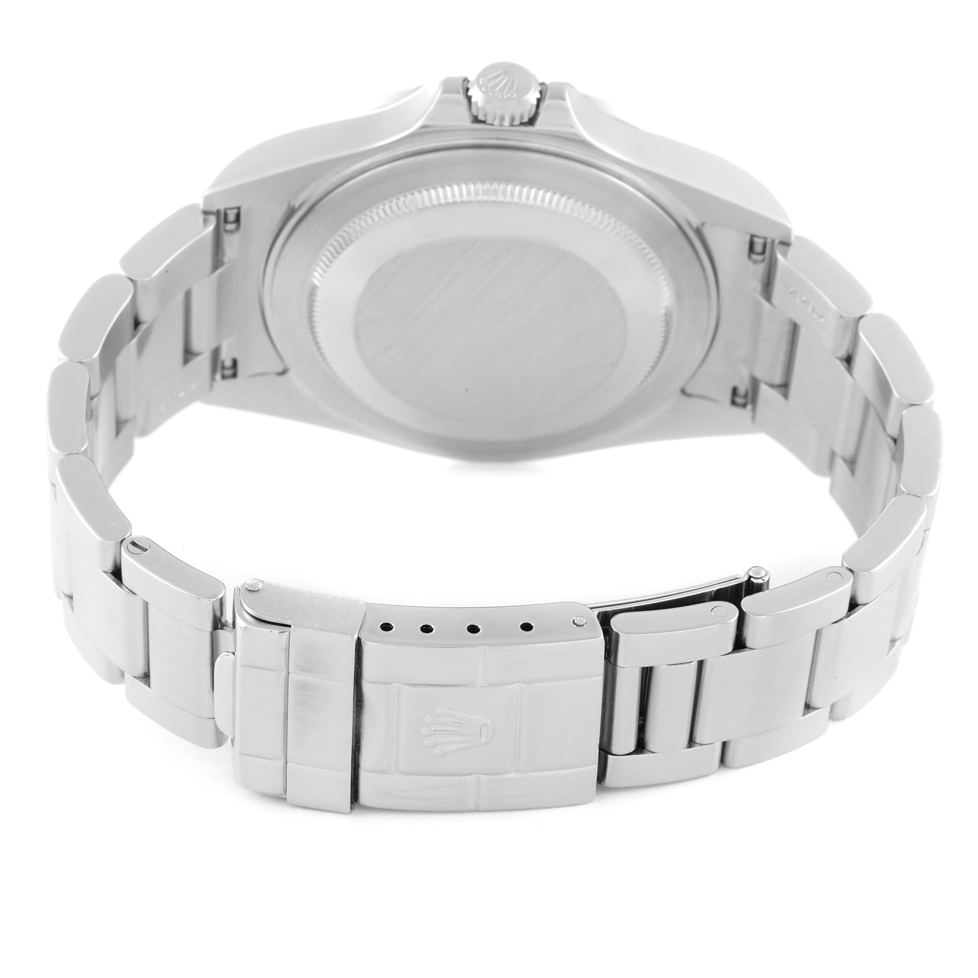 This image shows the back view of a Rolex Explorer 16570 Men
s Stainless Steel White Dial 16570 Men
s Stainless Steel White Dial watch, highlighting the clasp and the case back.