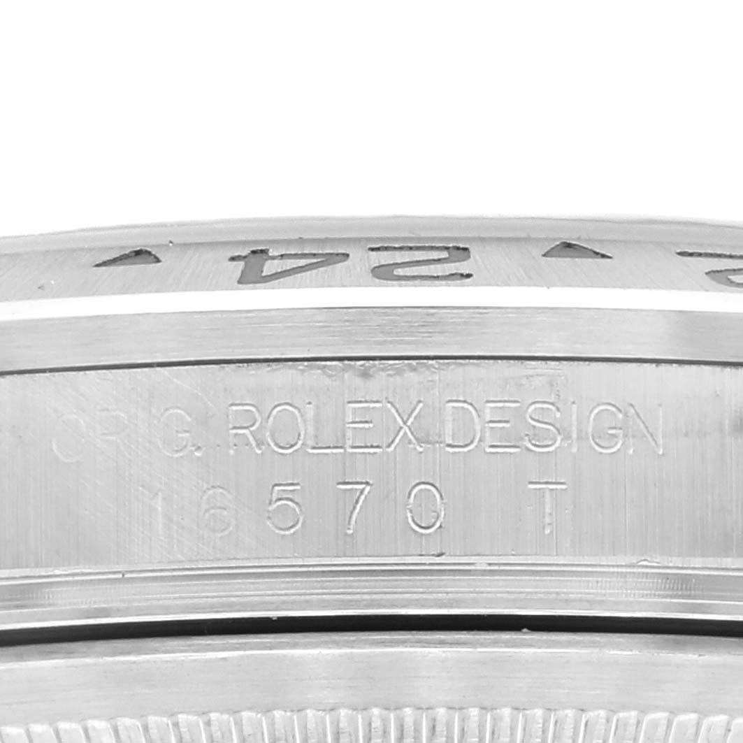 This image shows the side view of the Rolex Explorer 16570 Men
s Stainless Steel White Dial 16570 Men
s Stainless Steel White Dial model, highlighting its engraved case design and model number.