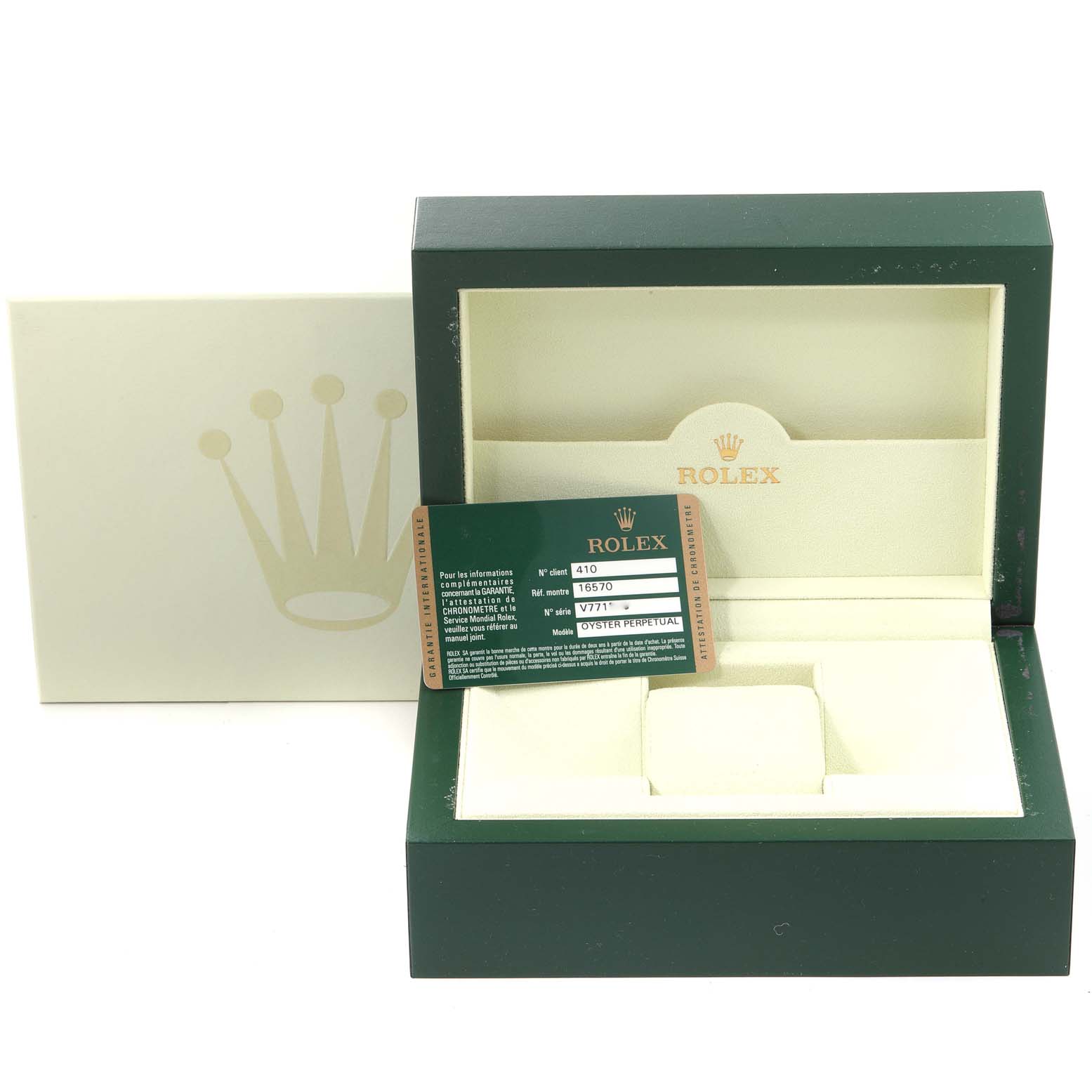 The image shows the box, warranty card, and packaging for a Rolex Explorer 16570 Men
s Stainless Steel Black Dial 16570 Men
s Stainless Steel Black Dial model watch, taken from a front angle.