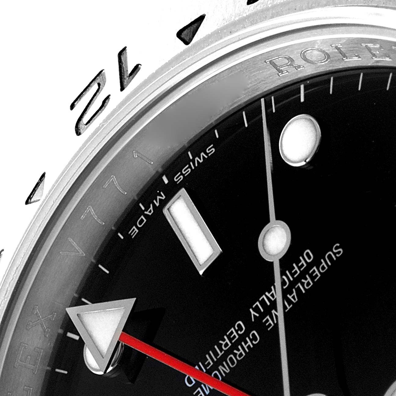 The image shows a close-up of the dial and bezel of a Rolex Explorer 16570 Men
s Stainless Steel Black Dial 16570 Men
s Stainless Steel Black Dial watch, highlighting the hour marker and the second hand.