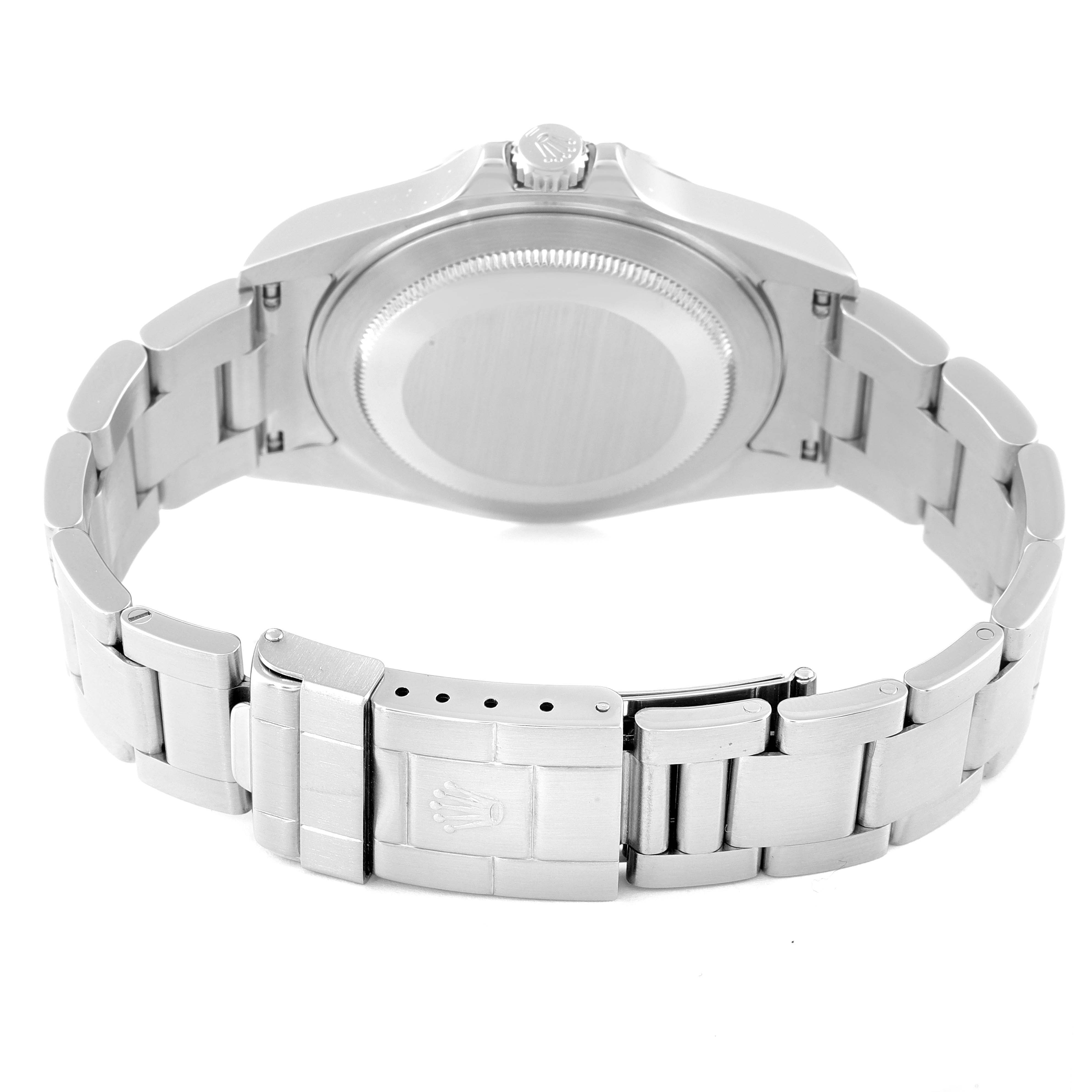 The image shows the back view of a Rolex Explorer 16570 Men
s Stainless Steel Black Dial 16570 Men
s Stainless Steel Black Dial watch, highlighting the bracelet and clasp.