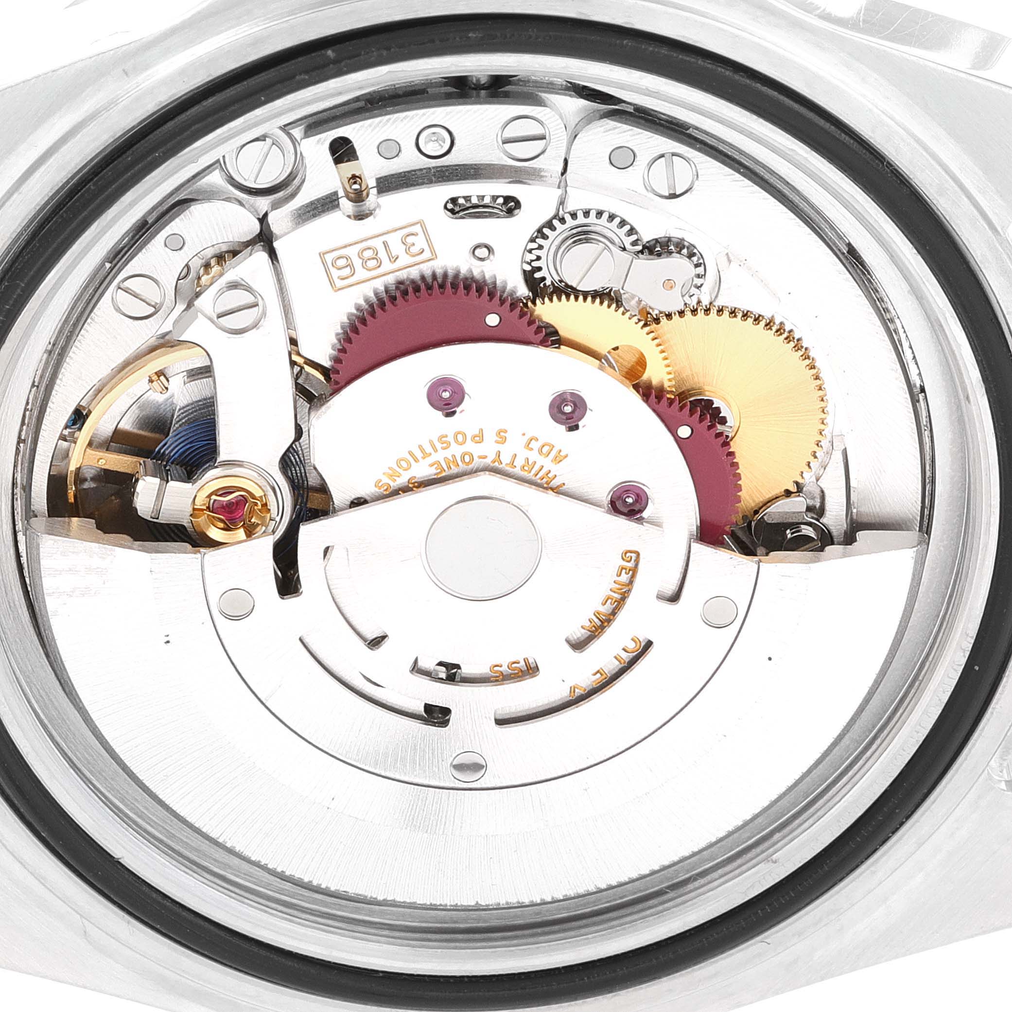 The image shows a close-up view of the internal mechanical movement of a Rolex Explorer 16570 Men
s Stainless Steel Black Dial 16570 Men
s Stainless Steel Black Dial watch.