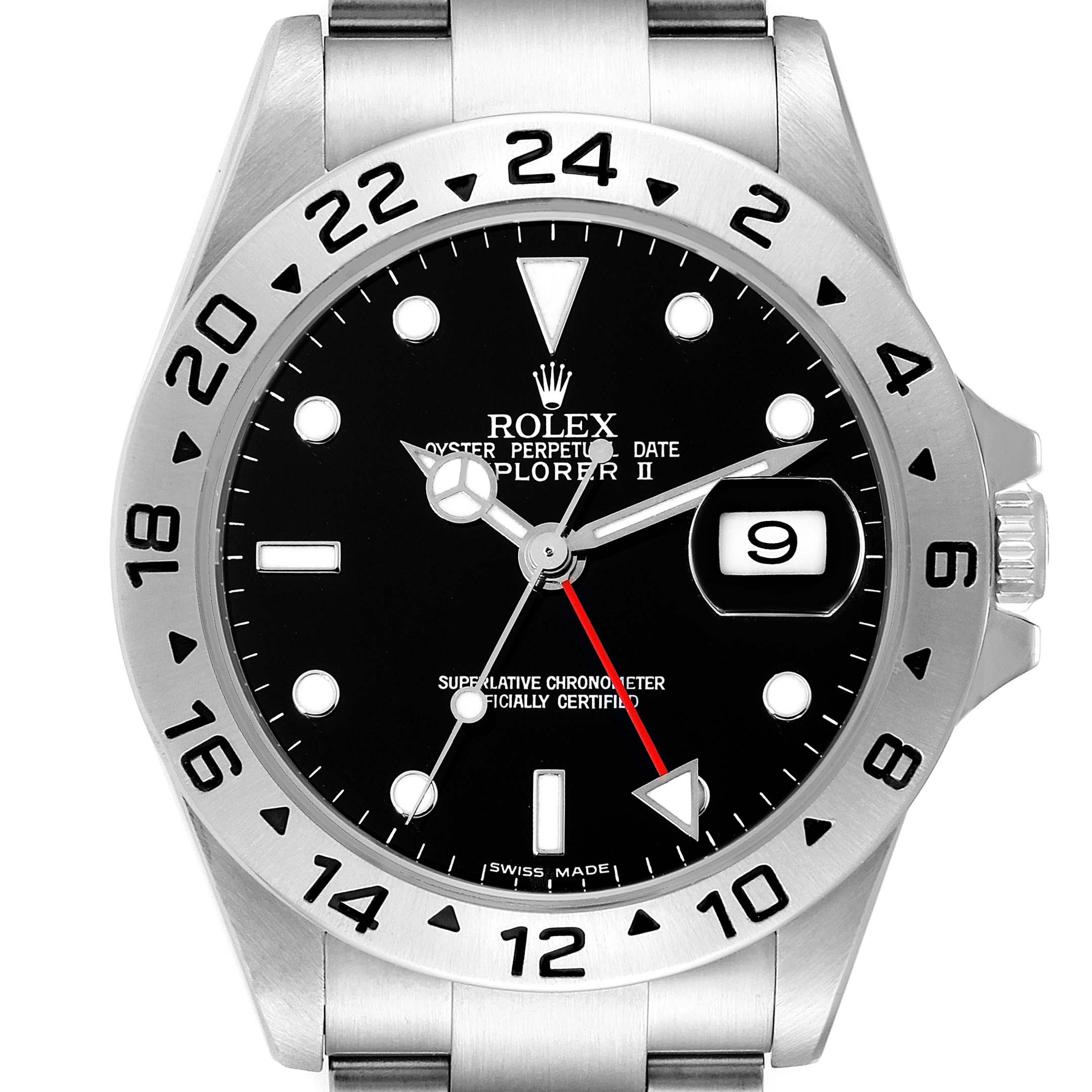 The image shows a front view of the Rolex Explorer 16570 Men
s Stainless Steel Black Dial 16570 Men
s Stainless Steel Black Dial watch, featuring its dial, bezel, hands, and date window.