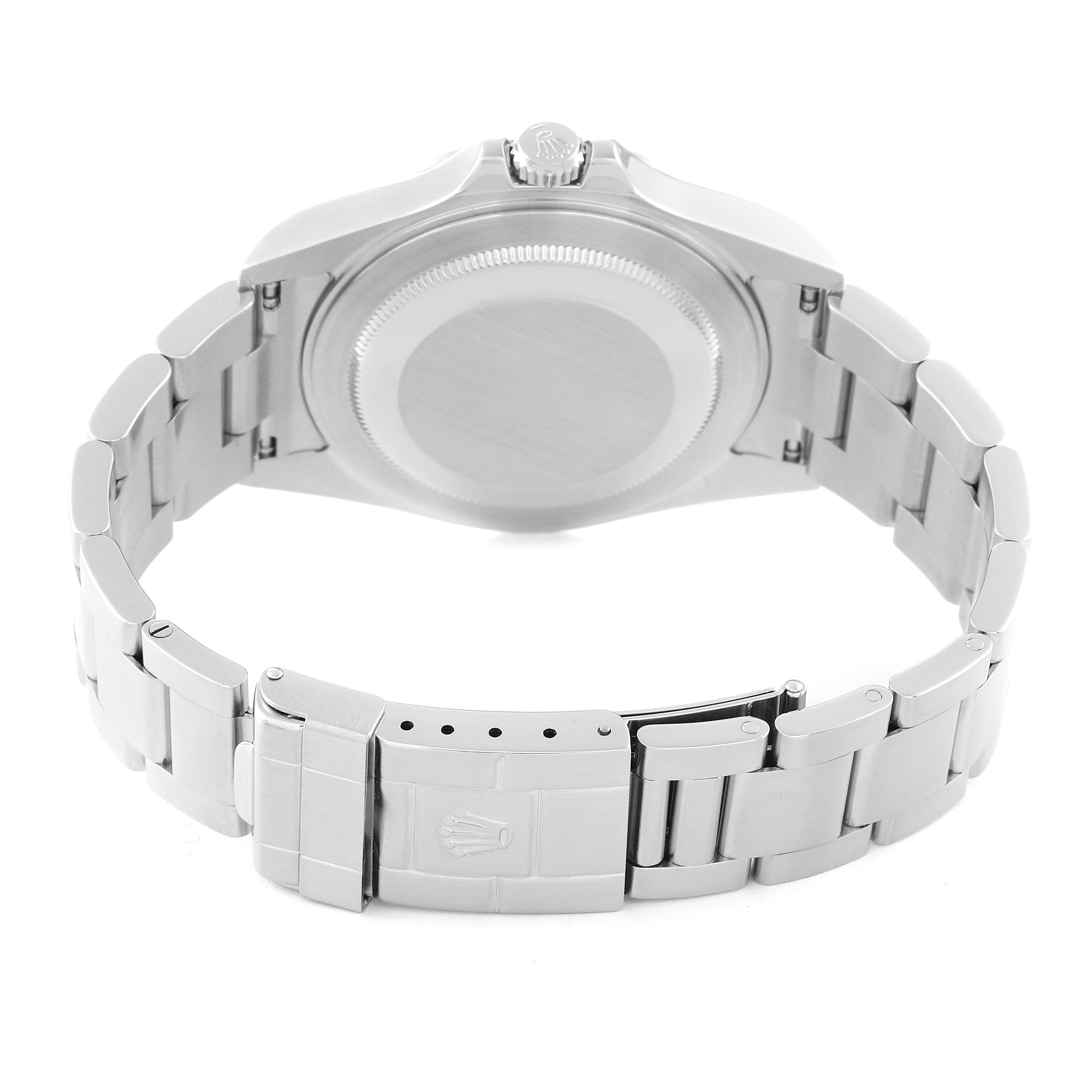 This image shows the back view of a Rolex Explorer 16570 Men
s Stainless Steel Black Dial 16570 Men
s Stainless Steel Black Dial watch, emphasizing the caseback, crown, and the bracelet with the clasp.