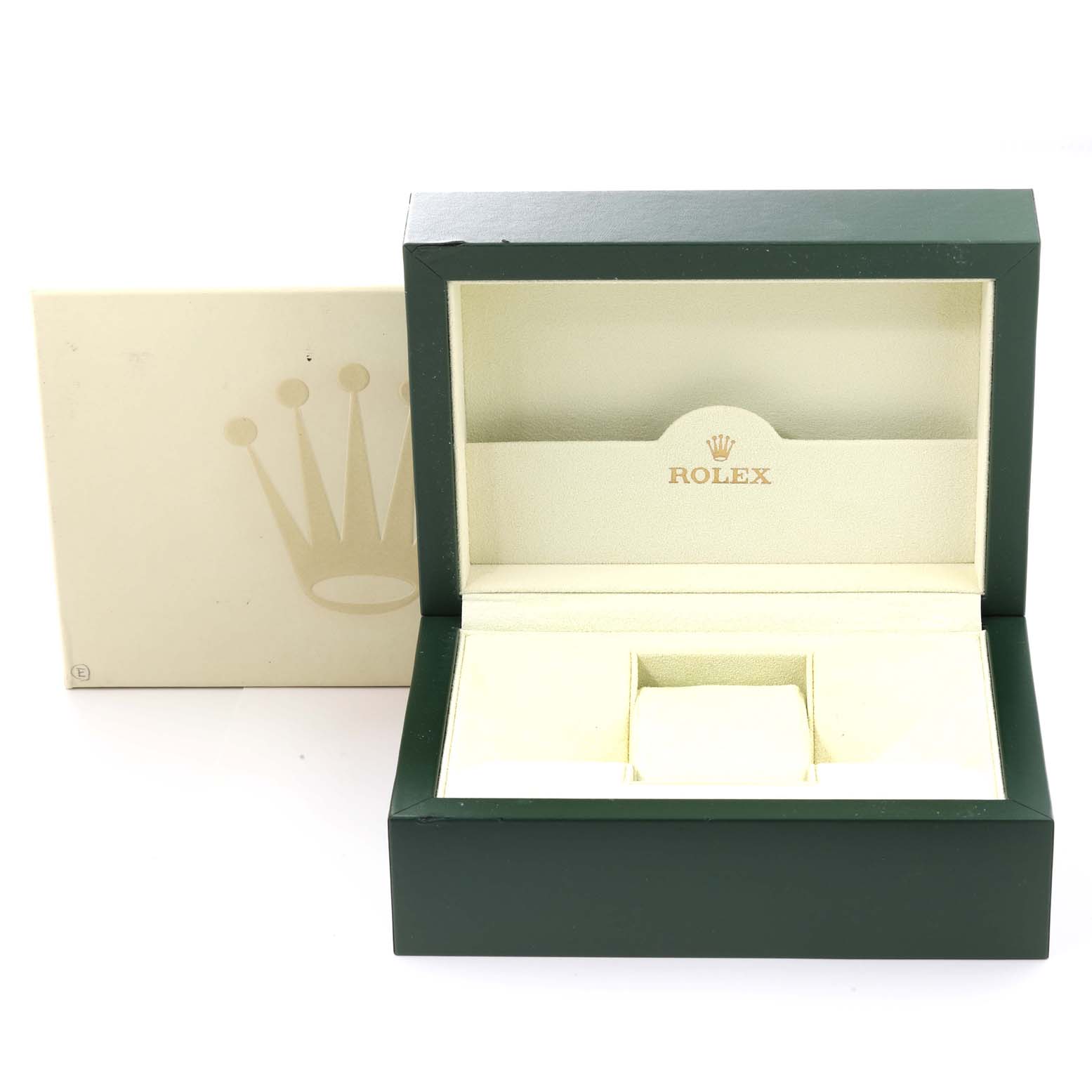 This image shows an empty green and beige branded box for the Rolex Explorer 16570 Men
s Stainless Steel Black Dial 16570 Men
s Stainless Steel Black Dial model, viewed from the front.