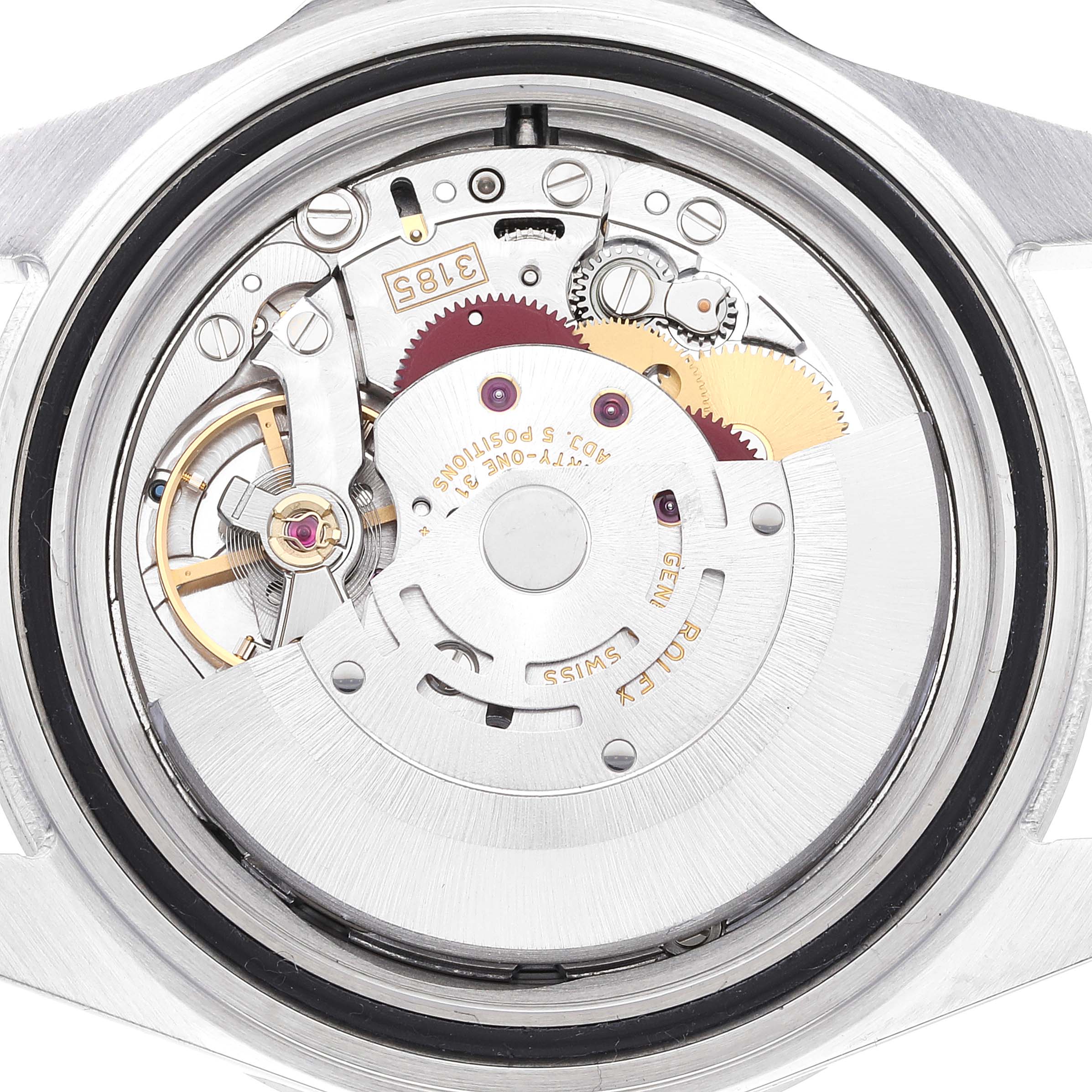 This image shows the internal mechanism of a Rolex Explorer 16570 Men
s Stainless Steel Black Dial 16570 Men
s Stainless Steel Black Dial watch from a top-down angle.