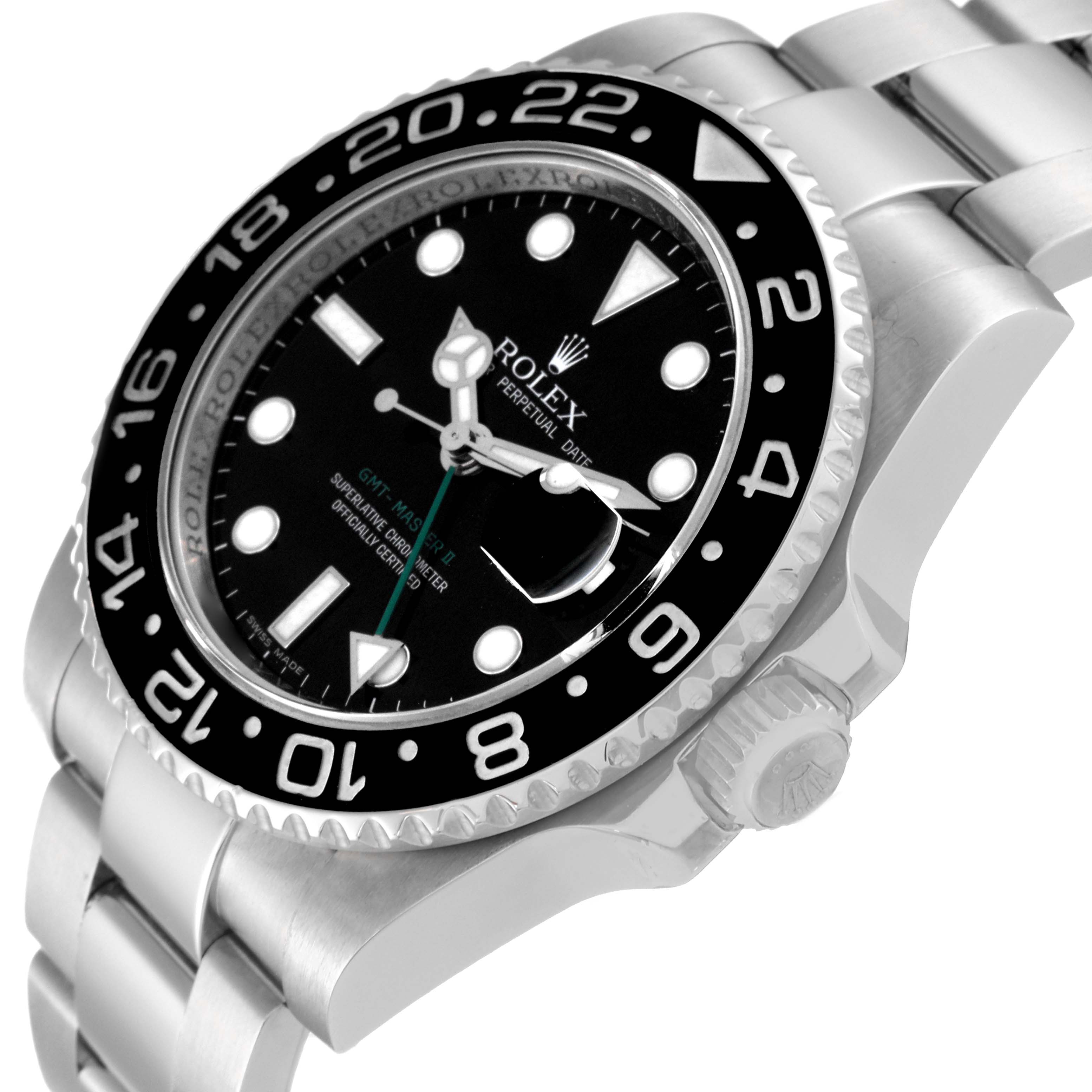 The Rolex GMT-Master 116710 Men
s Stainless Steel Black Dial 116710 Men
s Stainless Steel Black Dial watch is shown at an angle that highlights the dial, bezel, crown, and part of the bracelet.