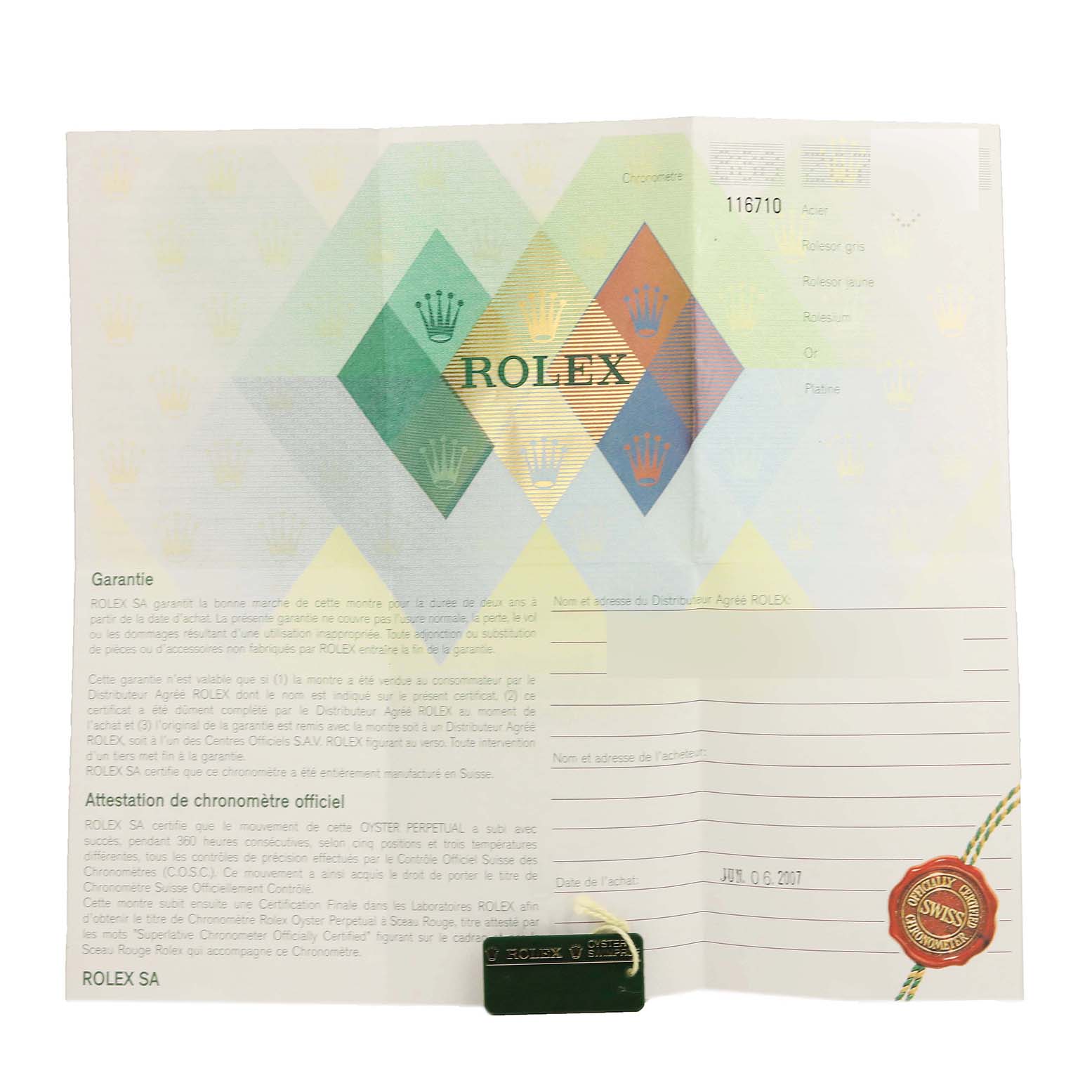 This image shows the warranty and certificate paperwork for a Rolex GMT-Master 116710 Men
s Stainless Steel Black Dial 116710 Men
s Stainless Steel Black Dial model, including the serial number and purchase date.