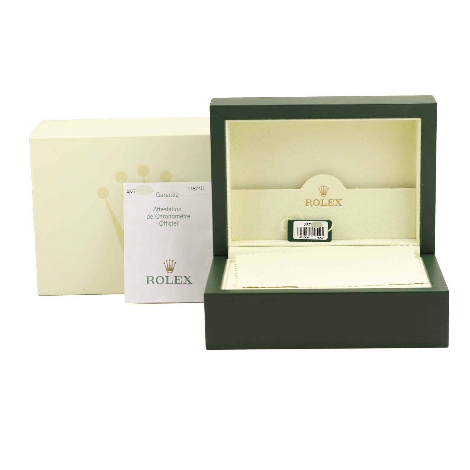 This image shows the packaging, warranty card, and interior box for a Rolex GMT-Master 116710 Men
s Stainless Steel Black Dial 116710 Men
s Stainless Steel Black Dial watch.