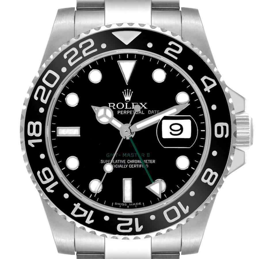 Rolex GMT Master II Black Dial Green Hand Steel Mens Watch 116710 Box Papers SwissWatchExpo