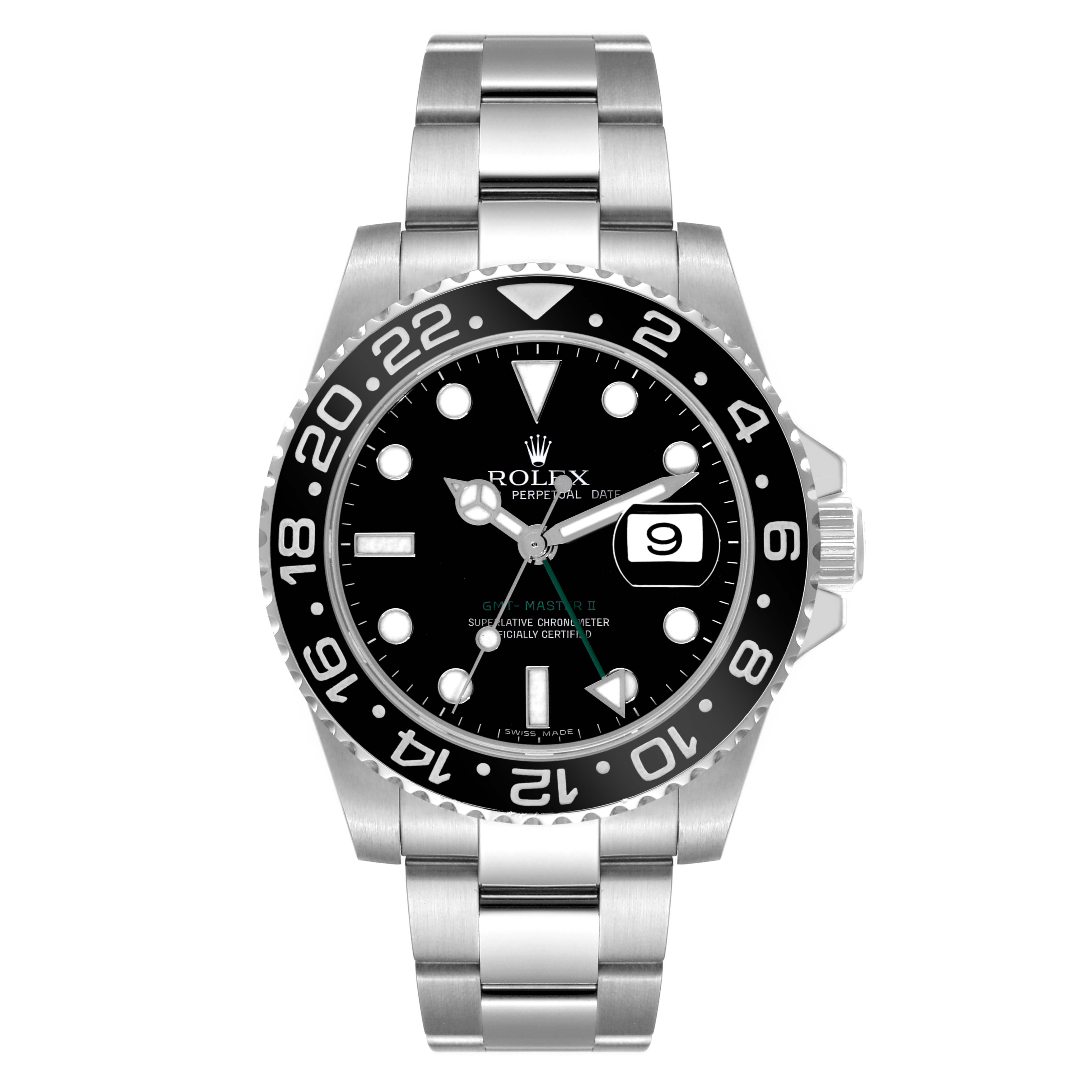 The image shows a Rolex GMT-Master 116710 Men
s Stainless Steel Black Dial 116710 Men
s Stainless Steel Black Dial watch from a front angle, highlighting its dial, hands, bezel, date window, and bracelet.