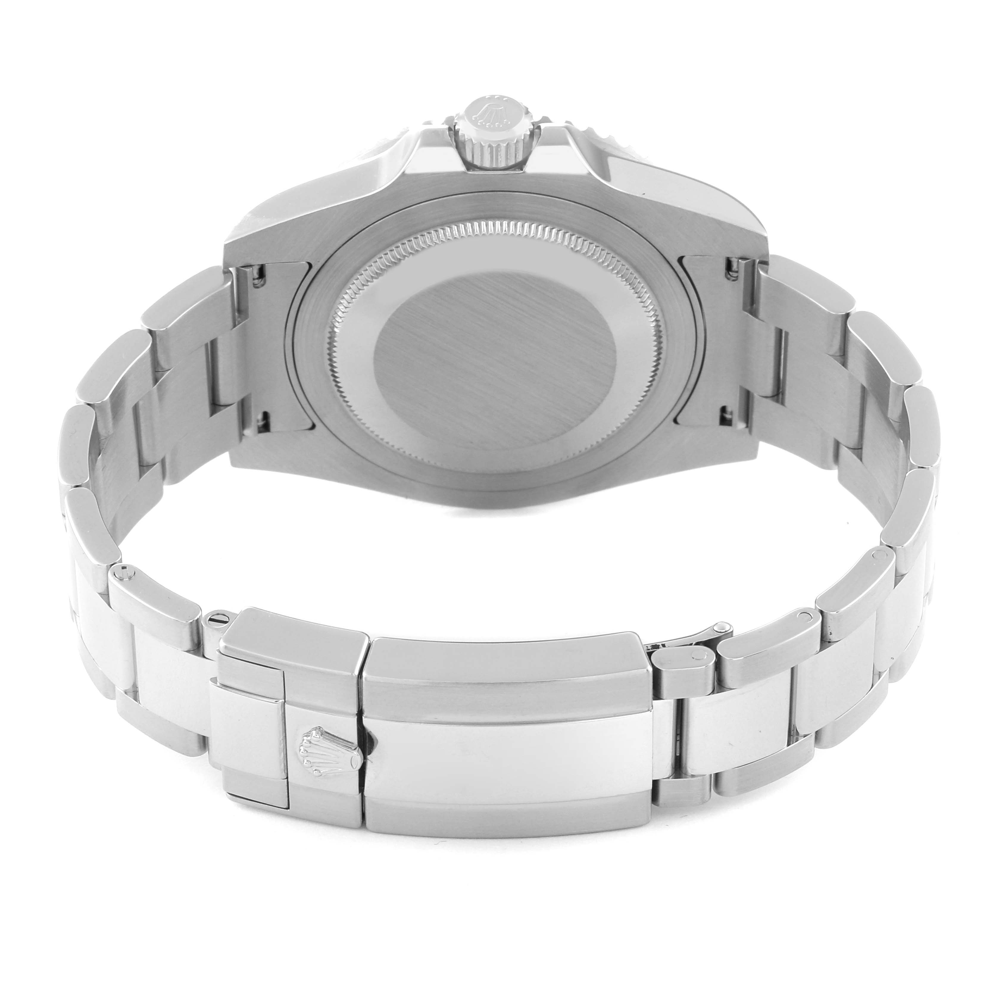 The image shows the back view of a Rolex GMT-Master 116710 Men
s Stainless Steel Black Dial 116710 Men
s Stainless Steel Black Dial watch highlighting the case back, crown, and bracelet with clasp.