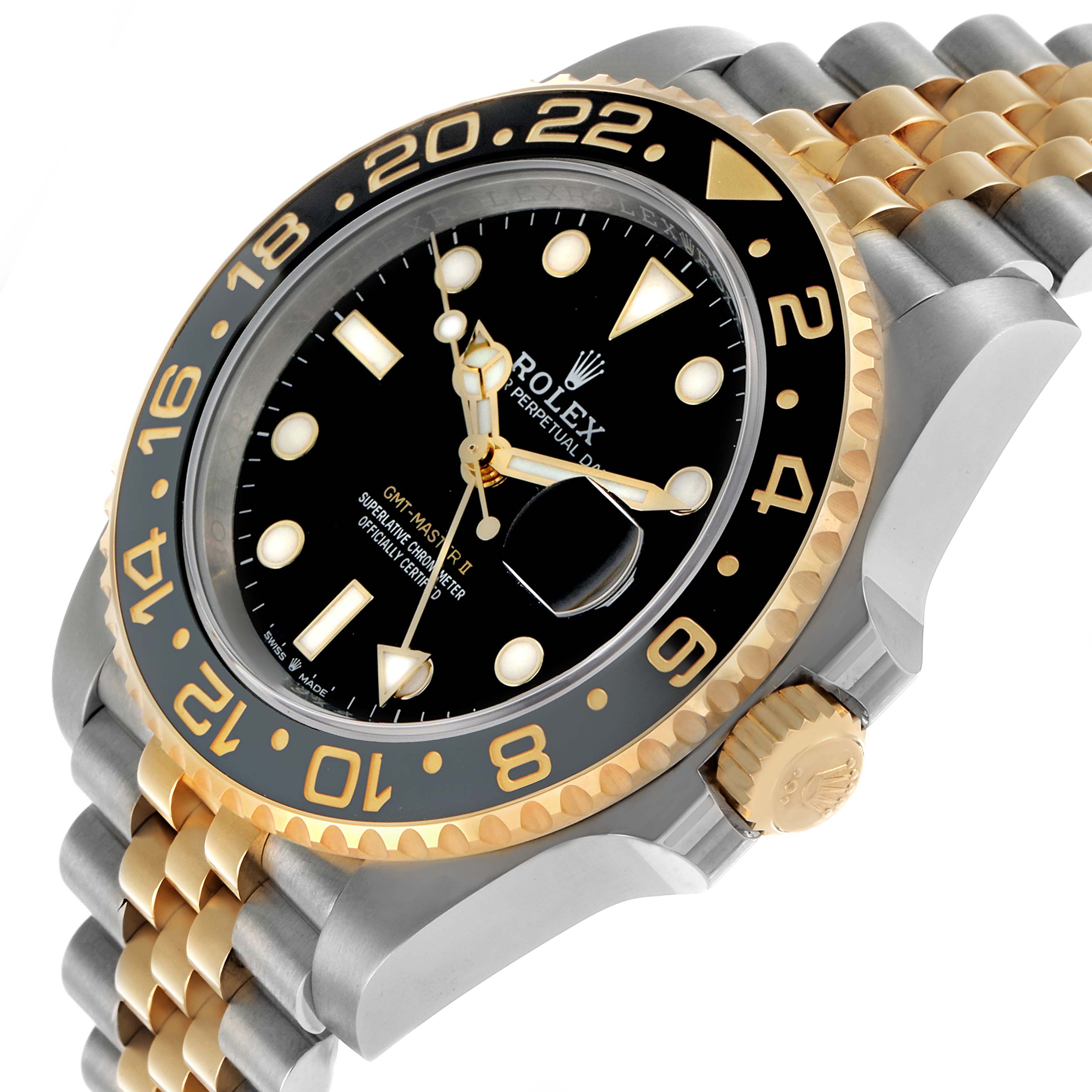 The Rolex GMT-Master 126713 Men's Steel and Gold (two tone) Black Dial watch is shown at a three-quarter angle, highlighting the bezel, crown, dial, and bracelet.