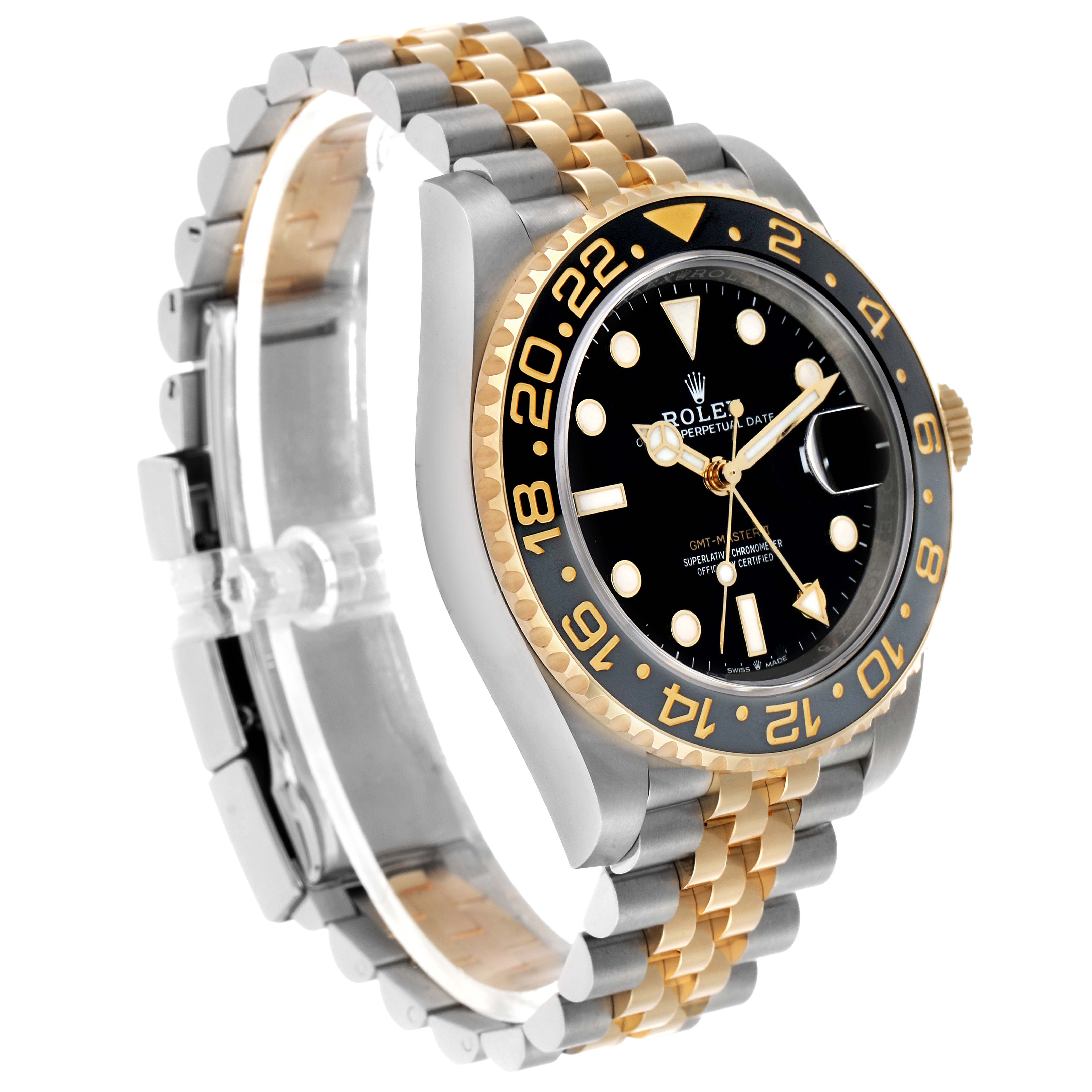 The Rolex GMT-Master 126713 Men's Steel and Gold (two tone) Black Dial watch is shown at a three-quarter angle, highlighting the bezel, dial, and two-tone bracelet.