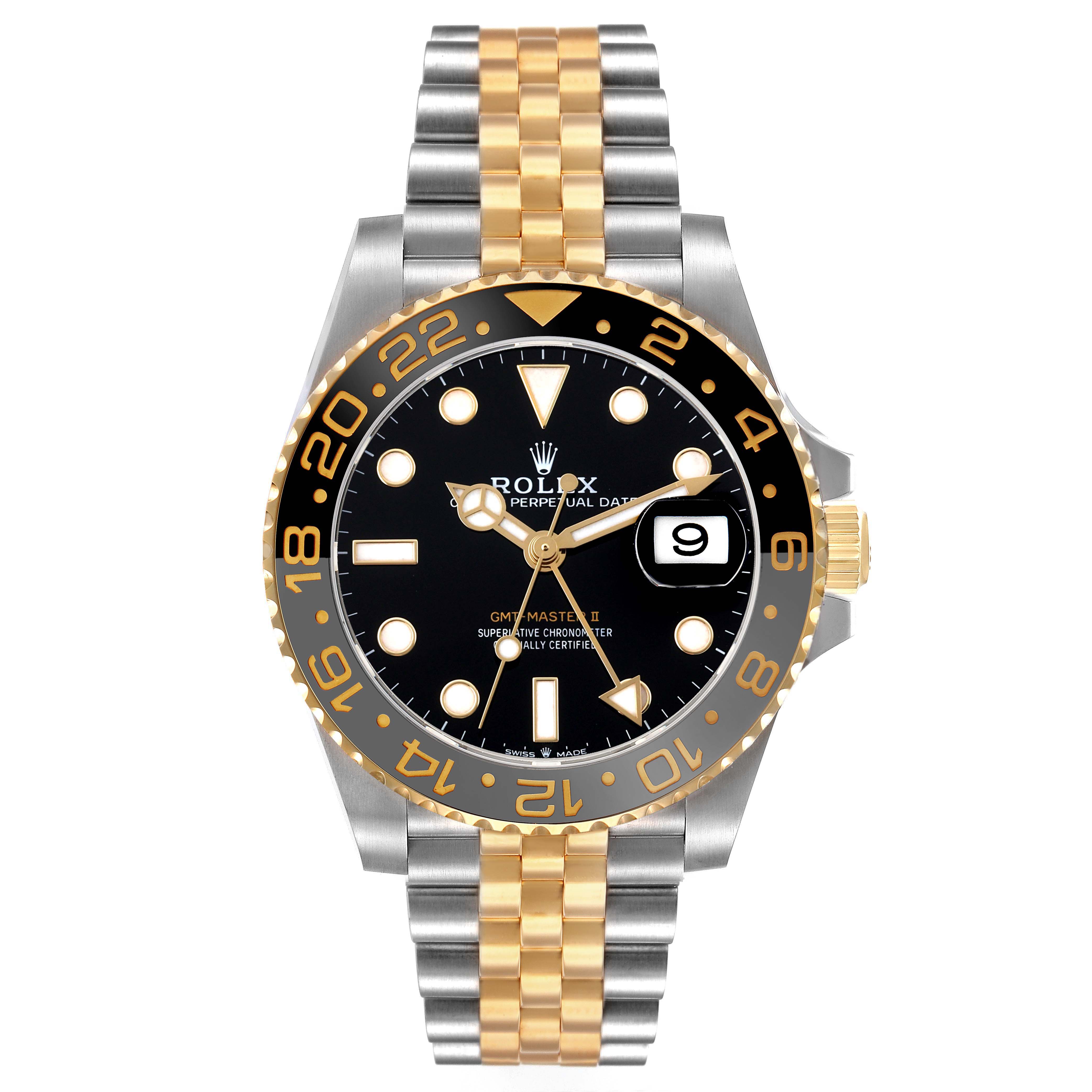 The Rolex GMT-Master 126713 Men's Steel and Gold (two tone) Black Dial watch is shown from the front, displaying the bezel, dial, hands, date, and two-tone bracelet.