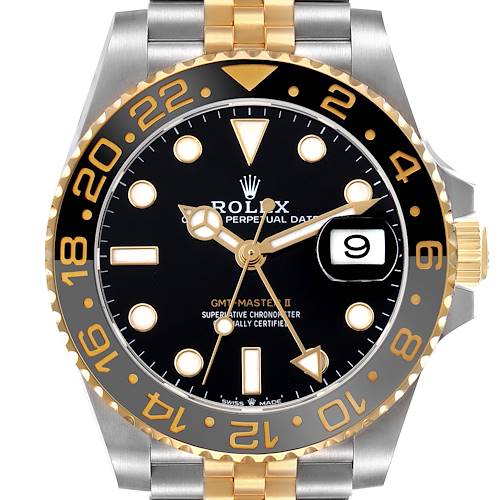 The image shows a front view of the Rolex GMT-Master 126713 Men's Steel and Gold (two tone) Black Dial II, highlighting the bezel, dial, and bracelet.