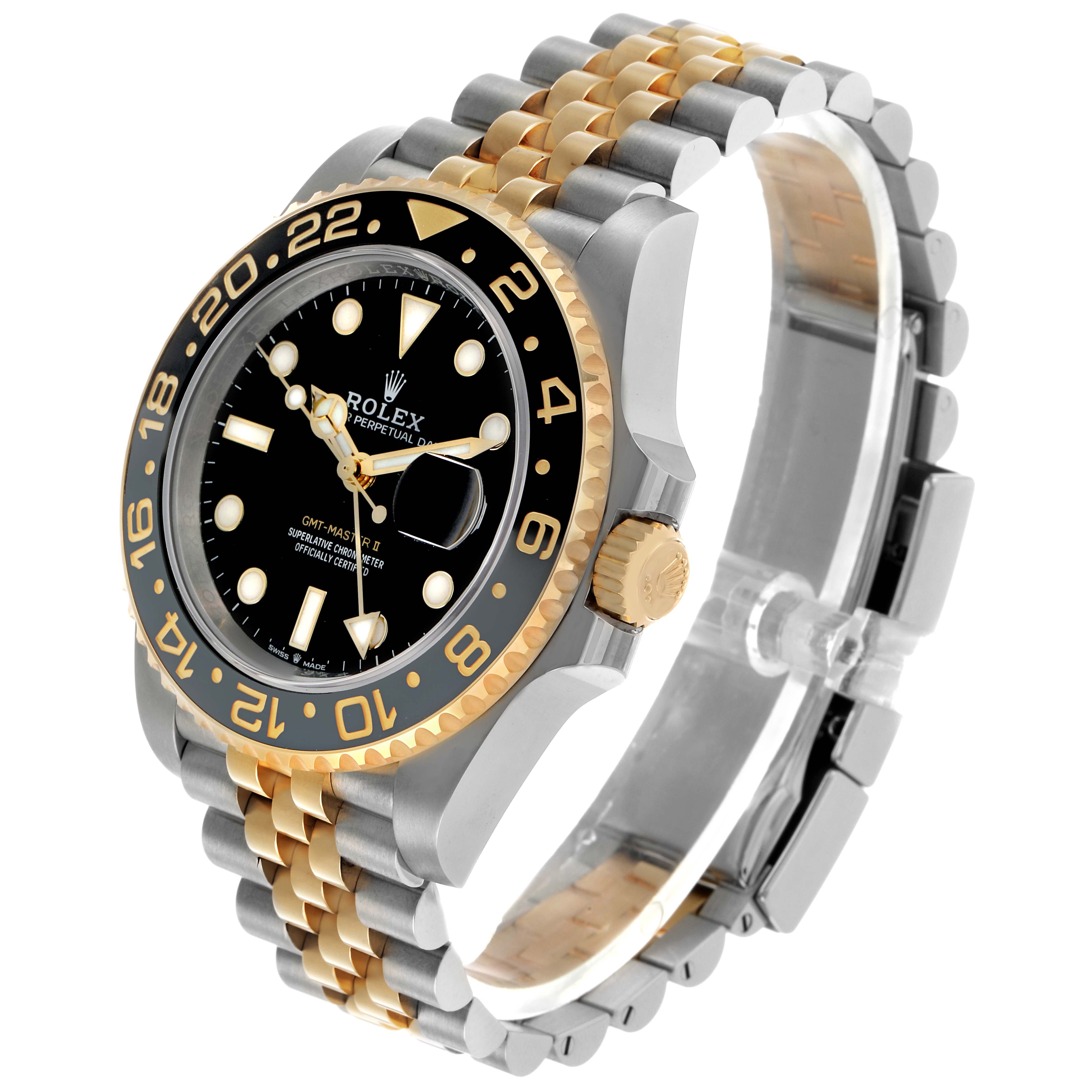 The Rolex GMT-Master 126713 Men's Steel and Gold (two tone) Black Dial is shown at an oblique angle, highlighting the bezel, dial, crown, and jubilee bracelet.