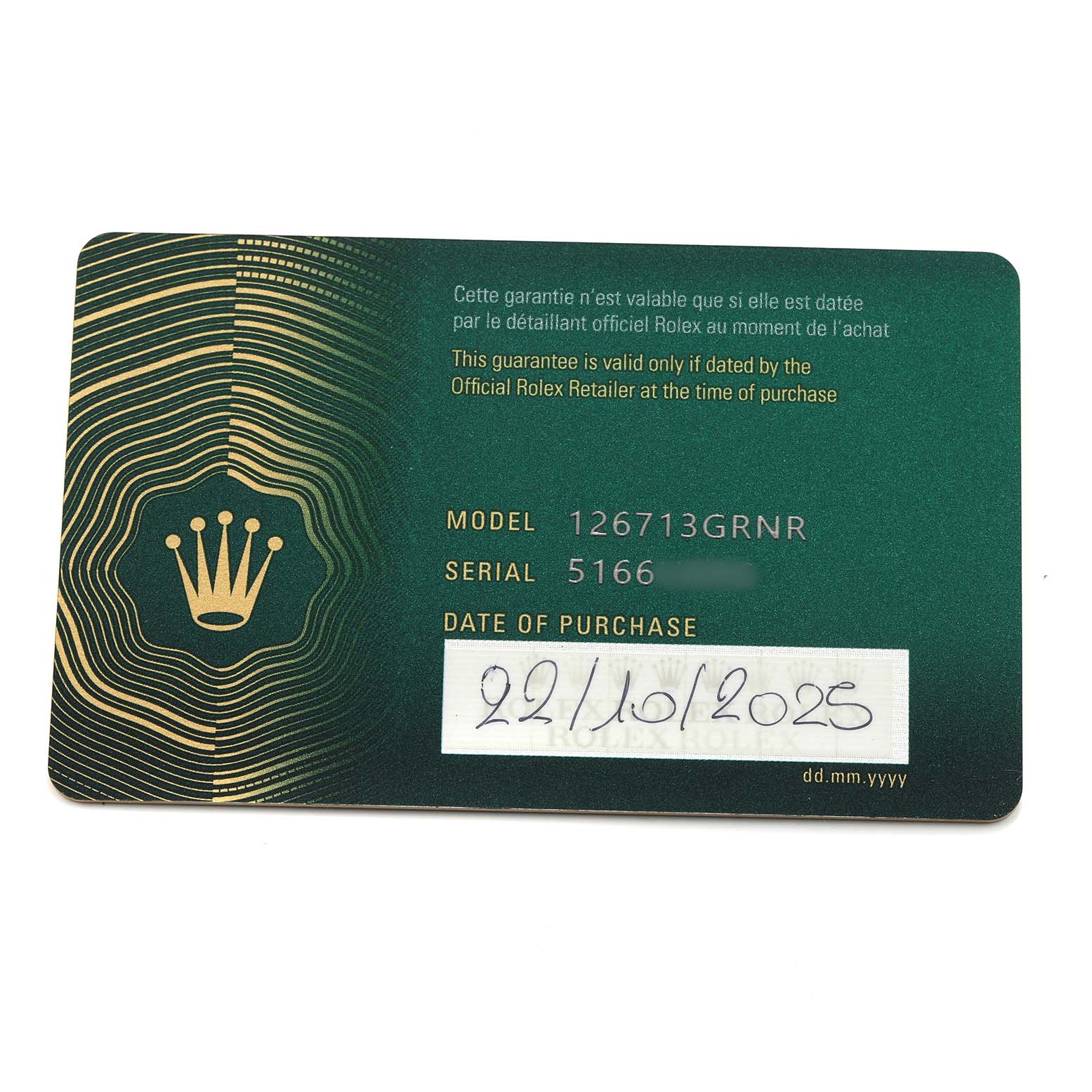 This image shows an authentication card for a Rolex GMT-Master 126713 Men's Steel and Gold (two tone) Black Dial, displaying the model, serial number, and purchase date.