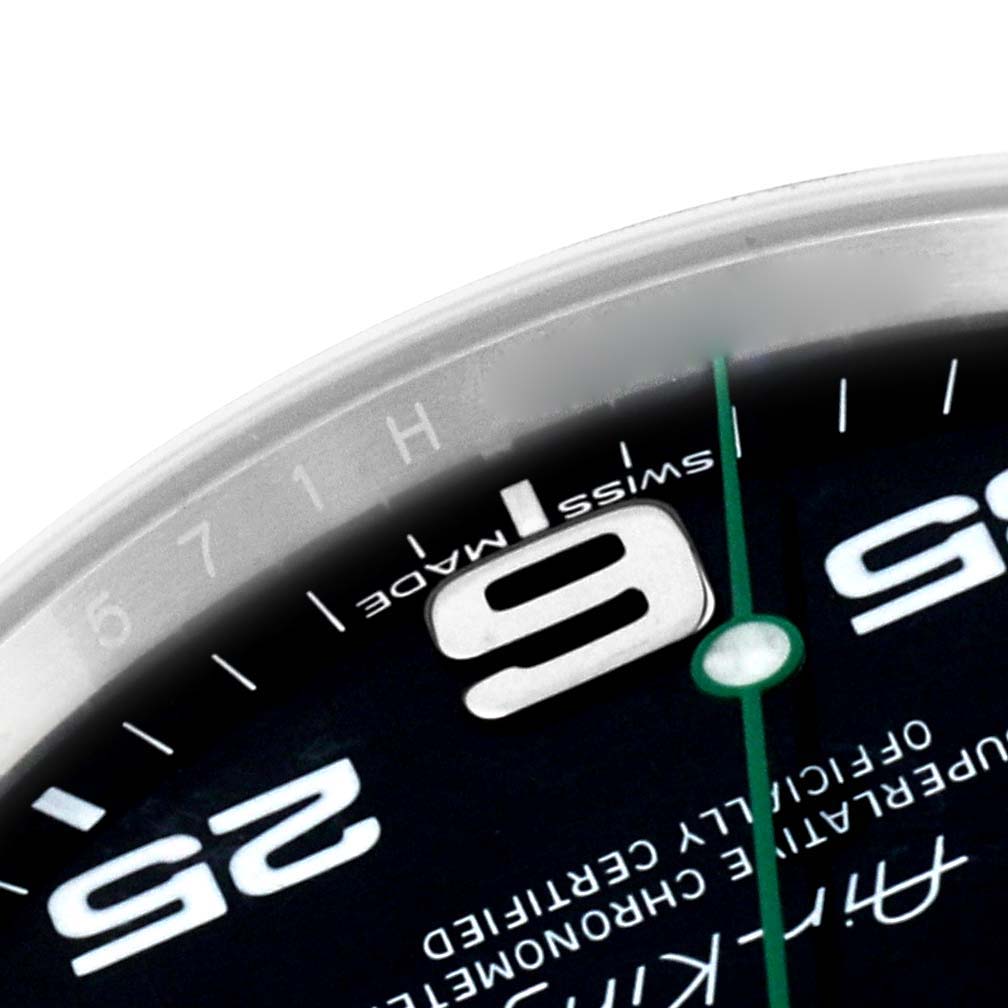 This image shows a close-up of the dial and bezel of a Rolex Air-King 116900 Men's Stainless Steel Black Dial 116900 Men's Stainless Steel Black Dial watch, focusing on the numbers and part of the second hand.