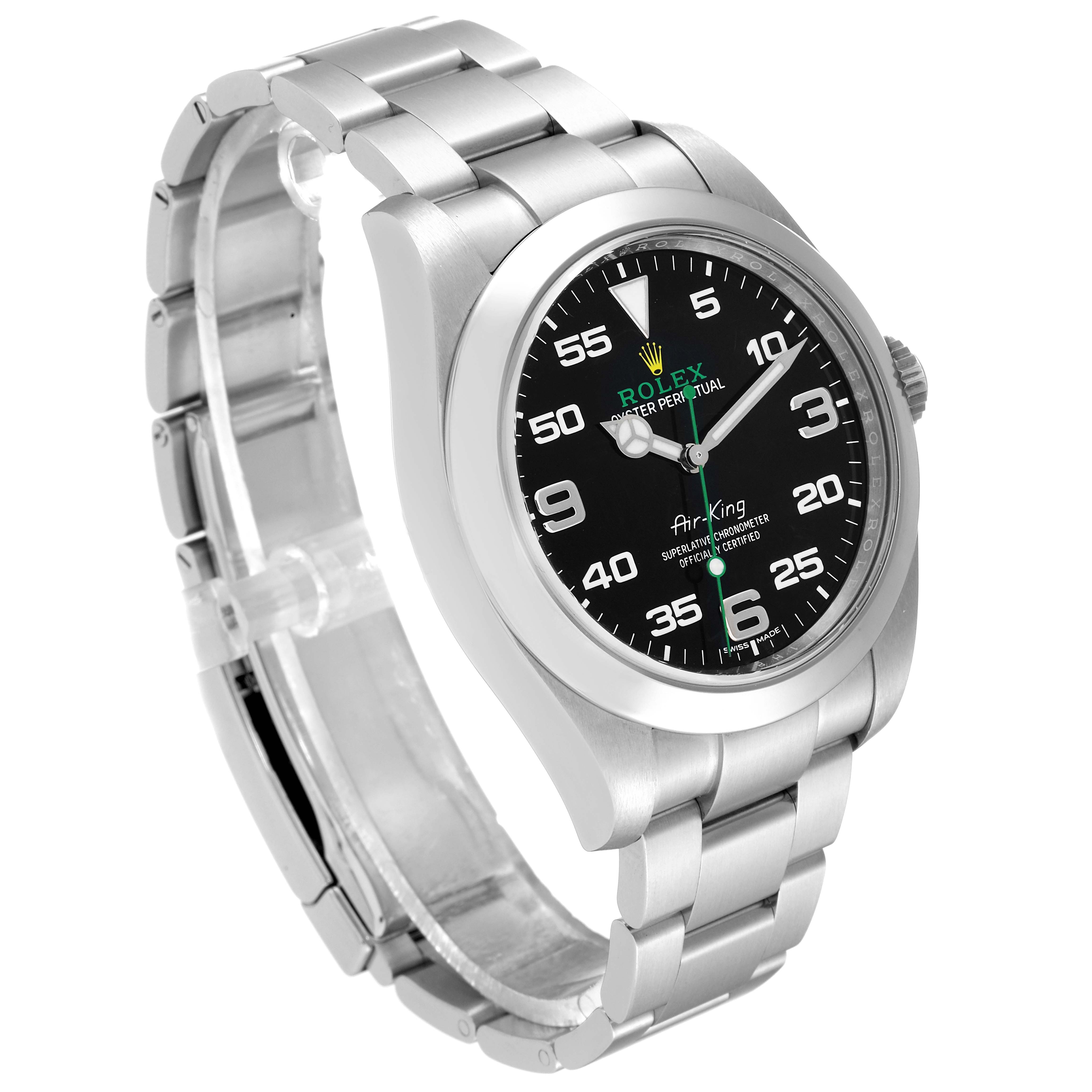 The image shows a Rolex Air-King 116900 Men's Stainless Steel Black Dial 116900 Men's Stainless Steel Black Dial watch from an angled side view, highlighting the stainless steel case, bracelet, and black dial.