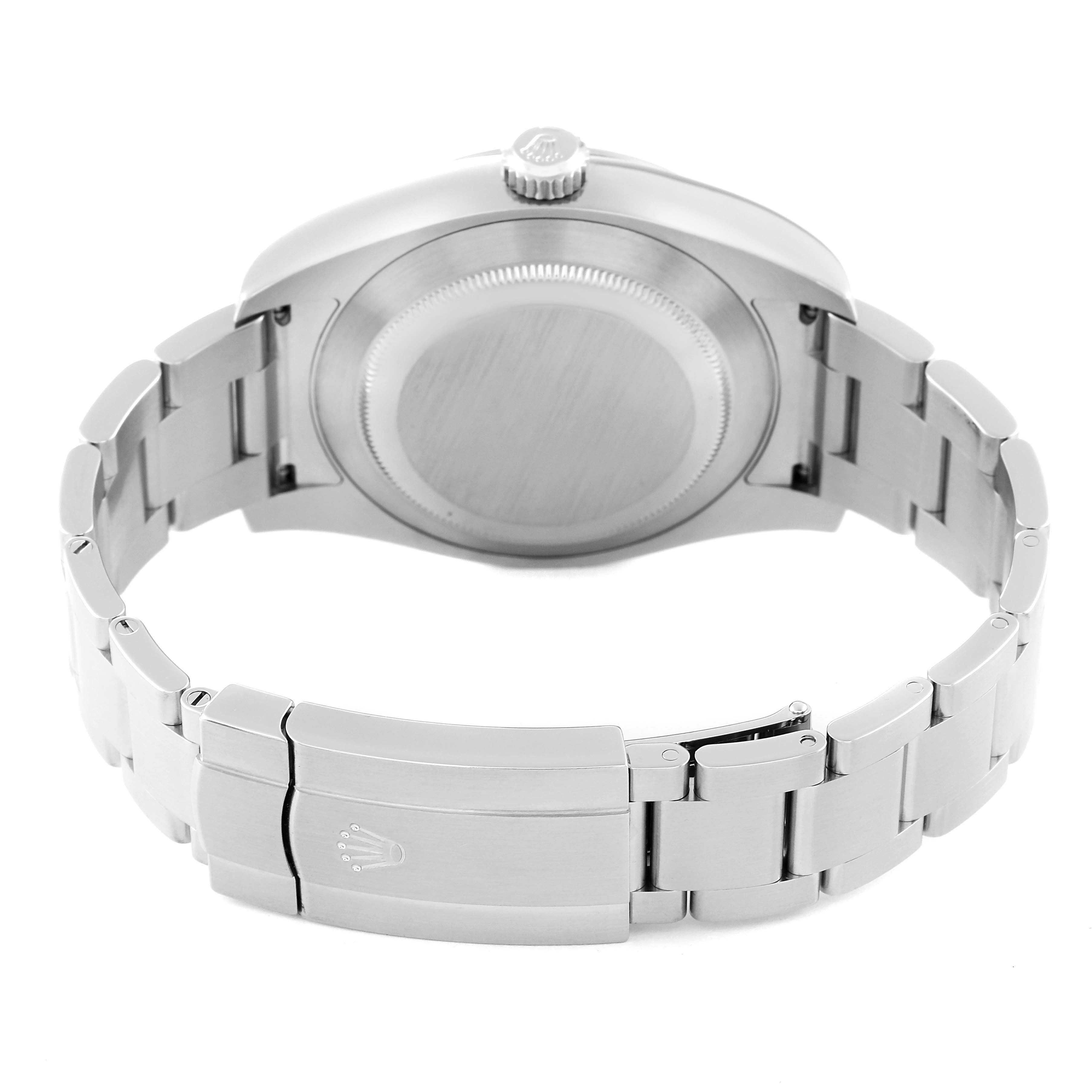 This image shows the back of the Rolex Air-King 116900 Men's Stainless Steel Black Dial 116900 Men's Stainless Steel Black Dial watch, highlighting its case back and bracelet clasp.