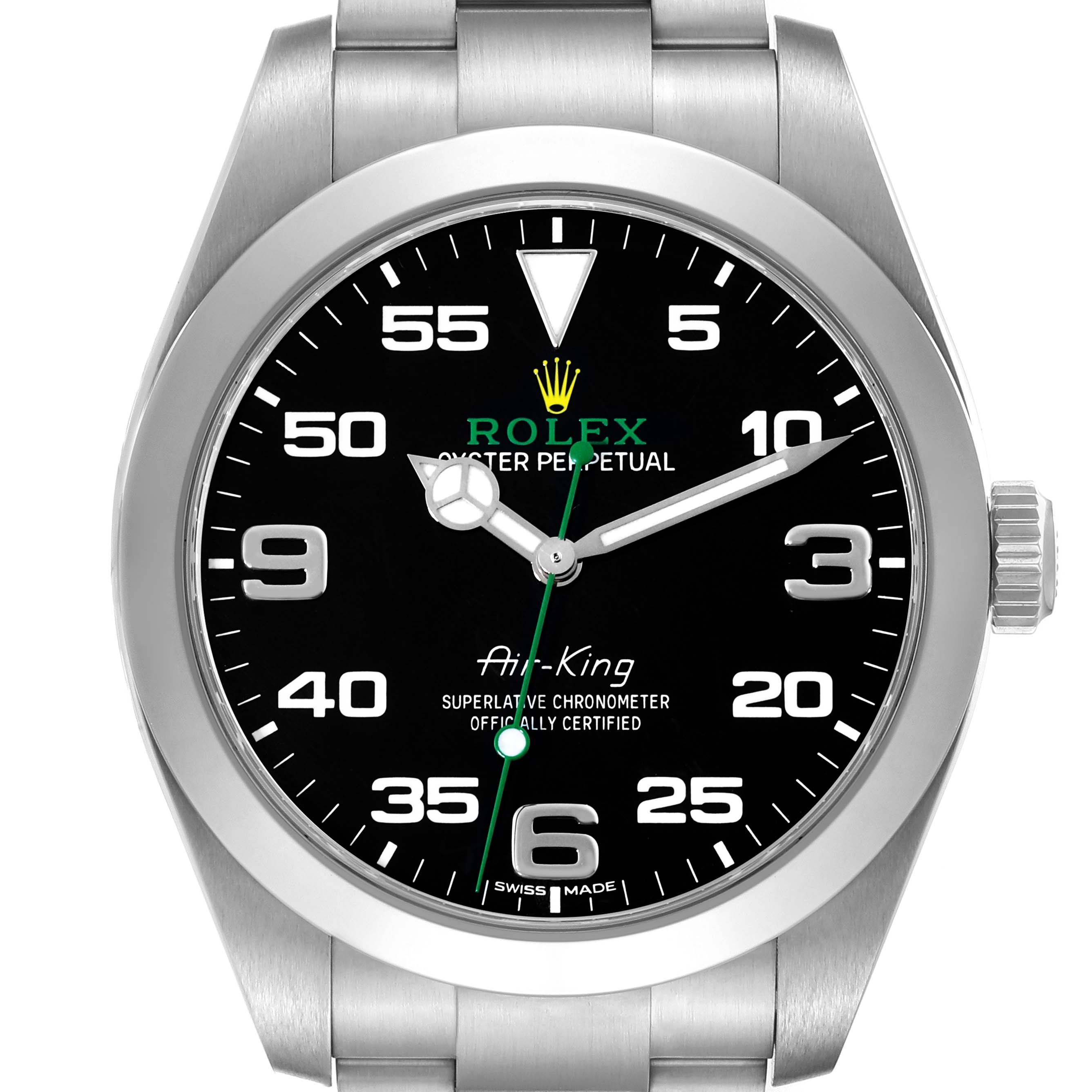 The image shows a front view of a Rolex Air-King 116900 Men's Stainless Steel Black Dial 116900 Men's Stainless Steel Black Dial watch, displaying the dial, bezel, and part of the bracelet.