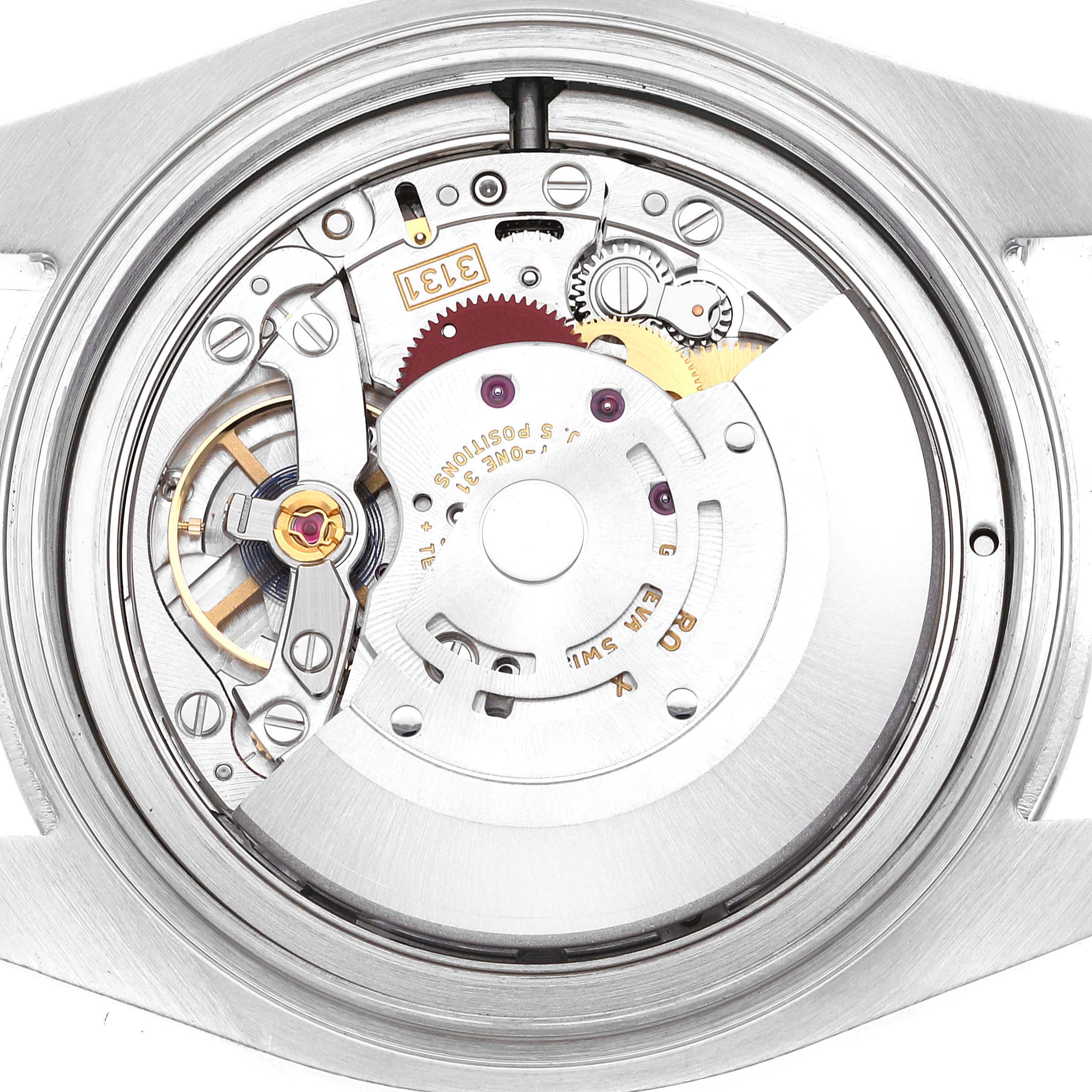 This image shows the movement mechanism of a Rolex Air-King 116900 Men's Stainless Steel Black Dial 116900 Men's Stainless Steel Black Dial watch from a top-down angle.