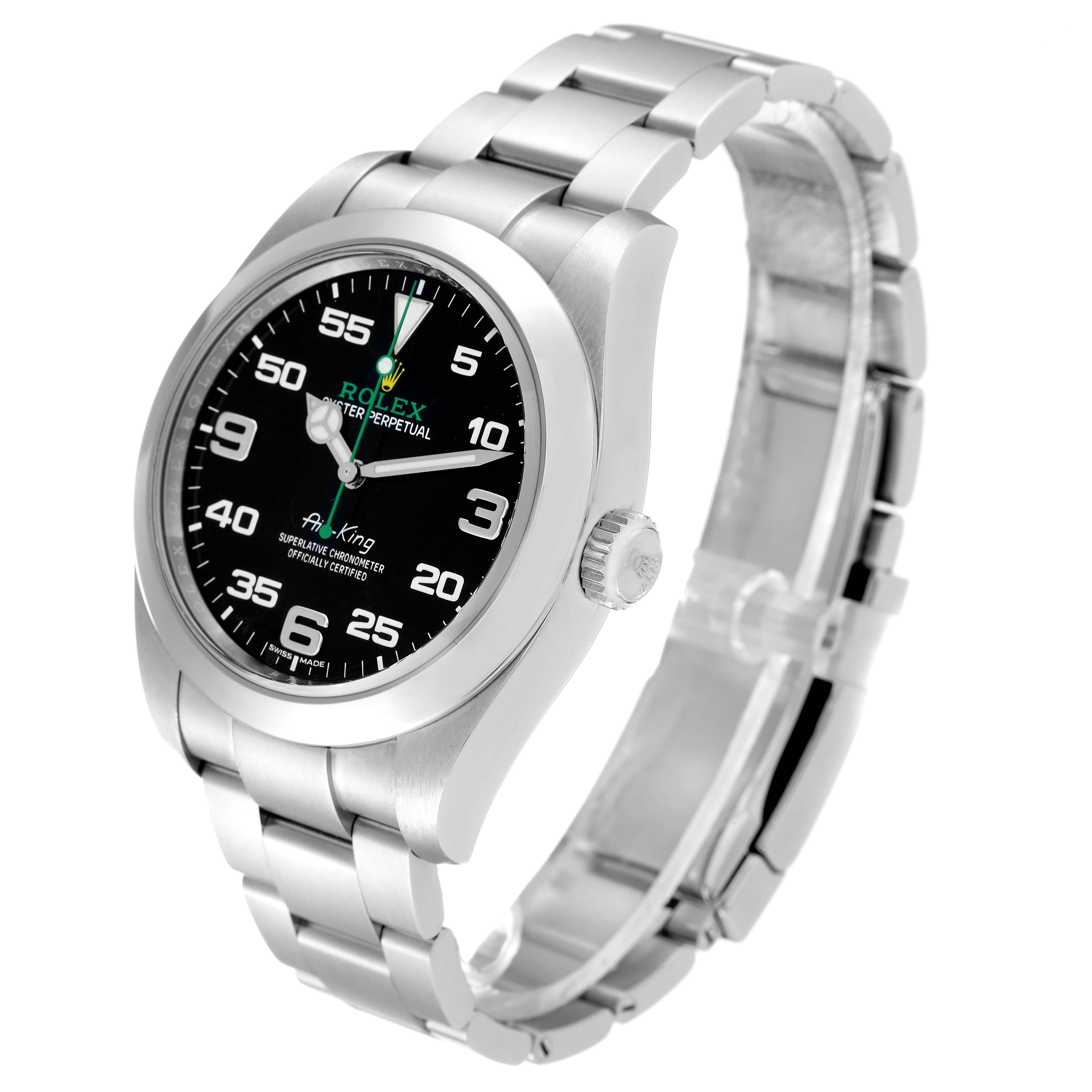 The image shows a Rolex Air-King 116900 Men's Stainless Steel Black Dial 116900 Men's Stainless Steel Black Dial watch at a slight side angle, displaying the face, bezel, crown, and bracelet.