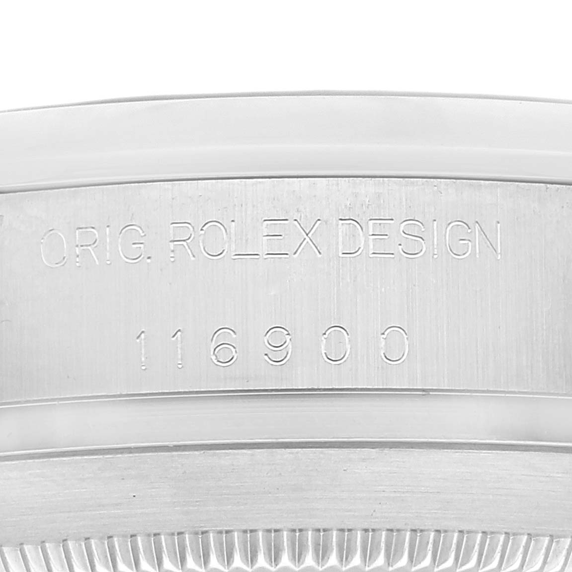 This image shows a close-up of the engraved model number on the side of a Rolex Air-King 116900 Men's Stainless Steel Black Dial 116900 Men's Stainless Steel Black Dial watch case.