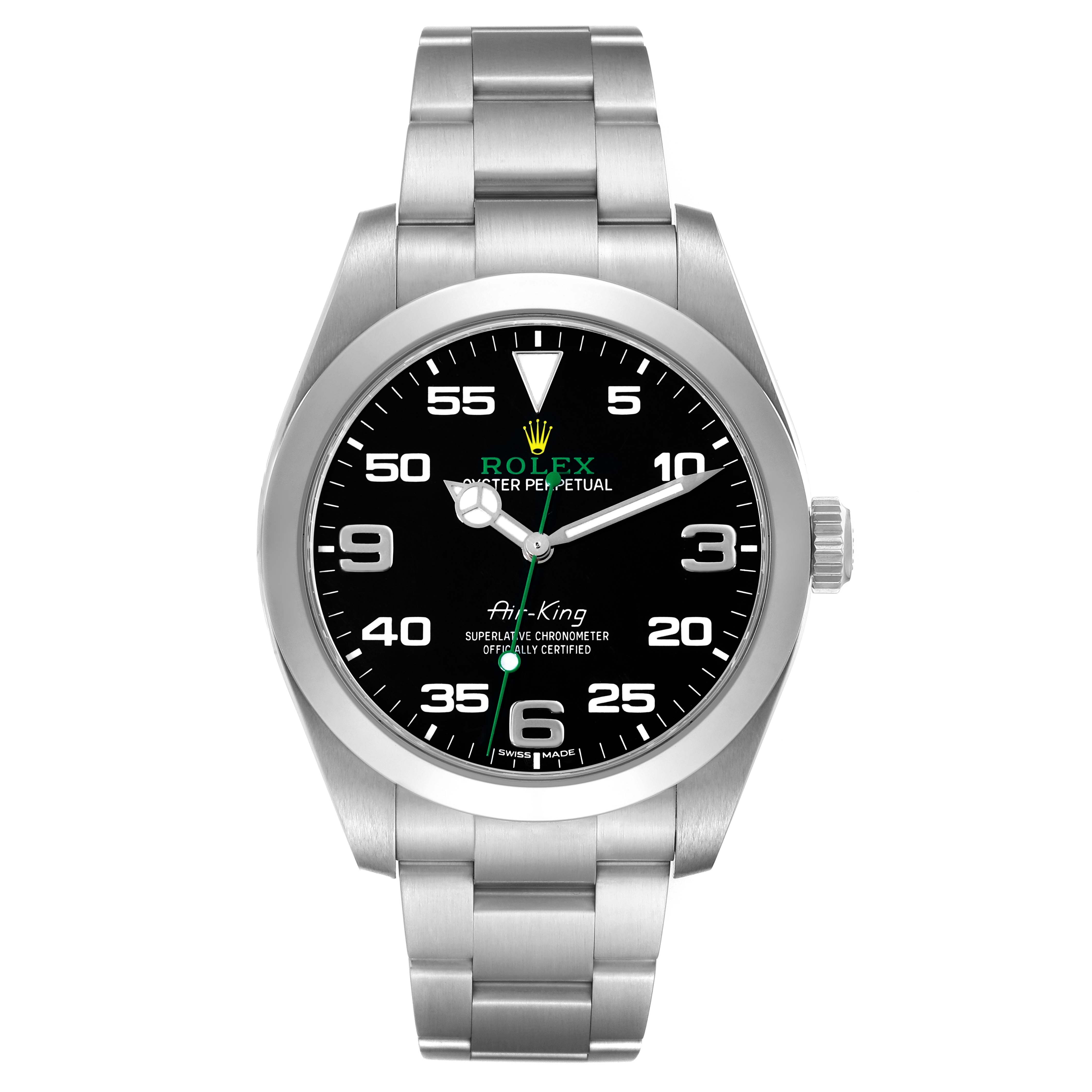 This image shows a front angle view of the Rolex Air-King 116900 Men's Stainless Steel Black Dial 116900 Men's Stainless Steel Black Dial watch, displaying its dial, bracelet, and crown.