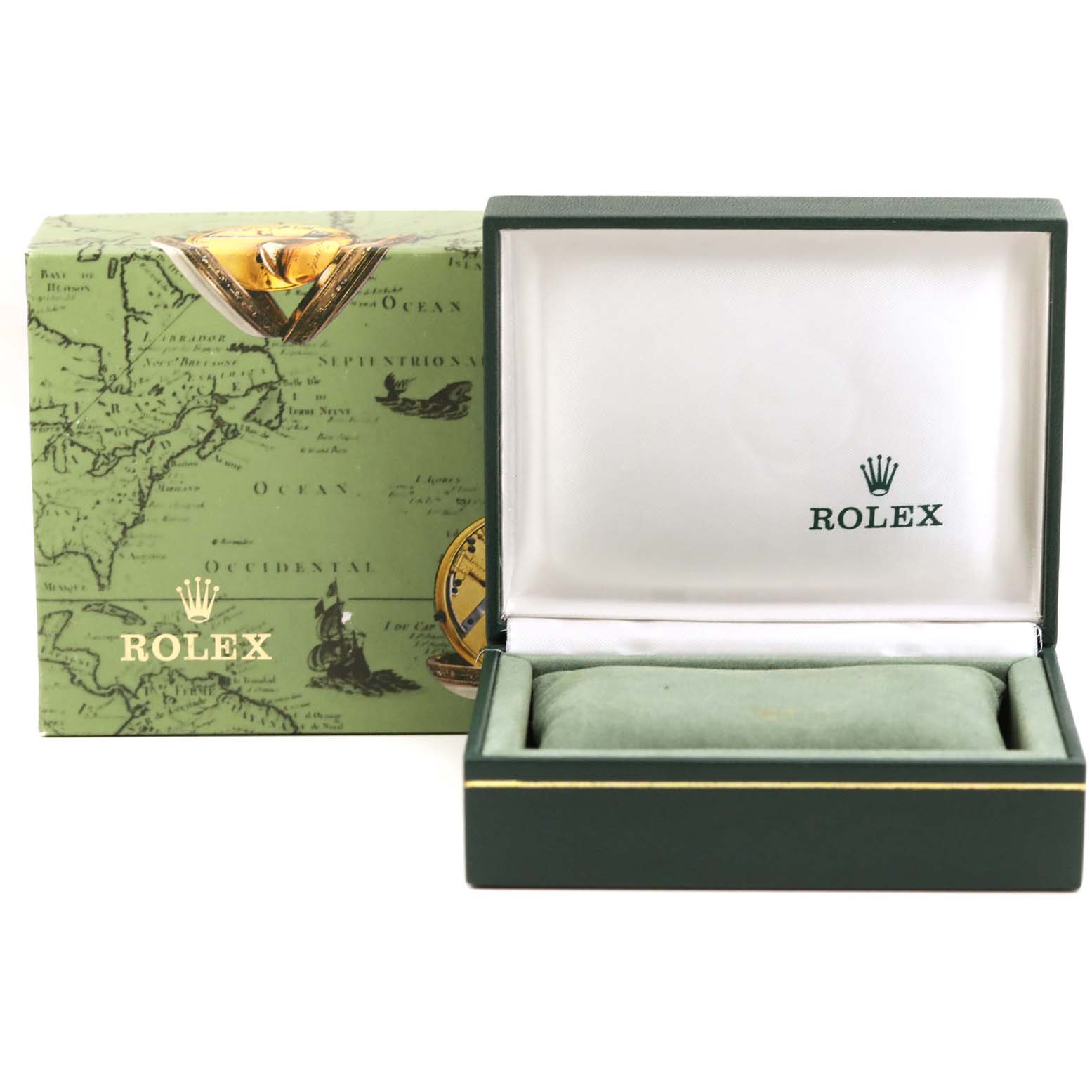 The image shows an empty Rolex green watch box and outer box from an Oyster Perpetual model, viewed from the front.