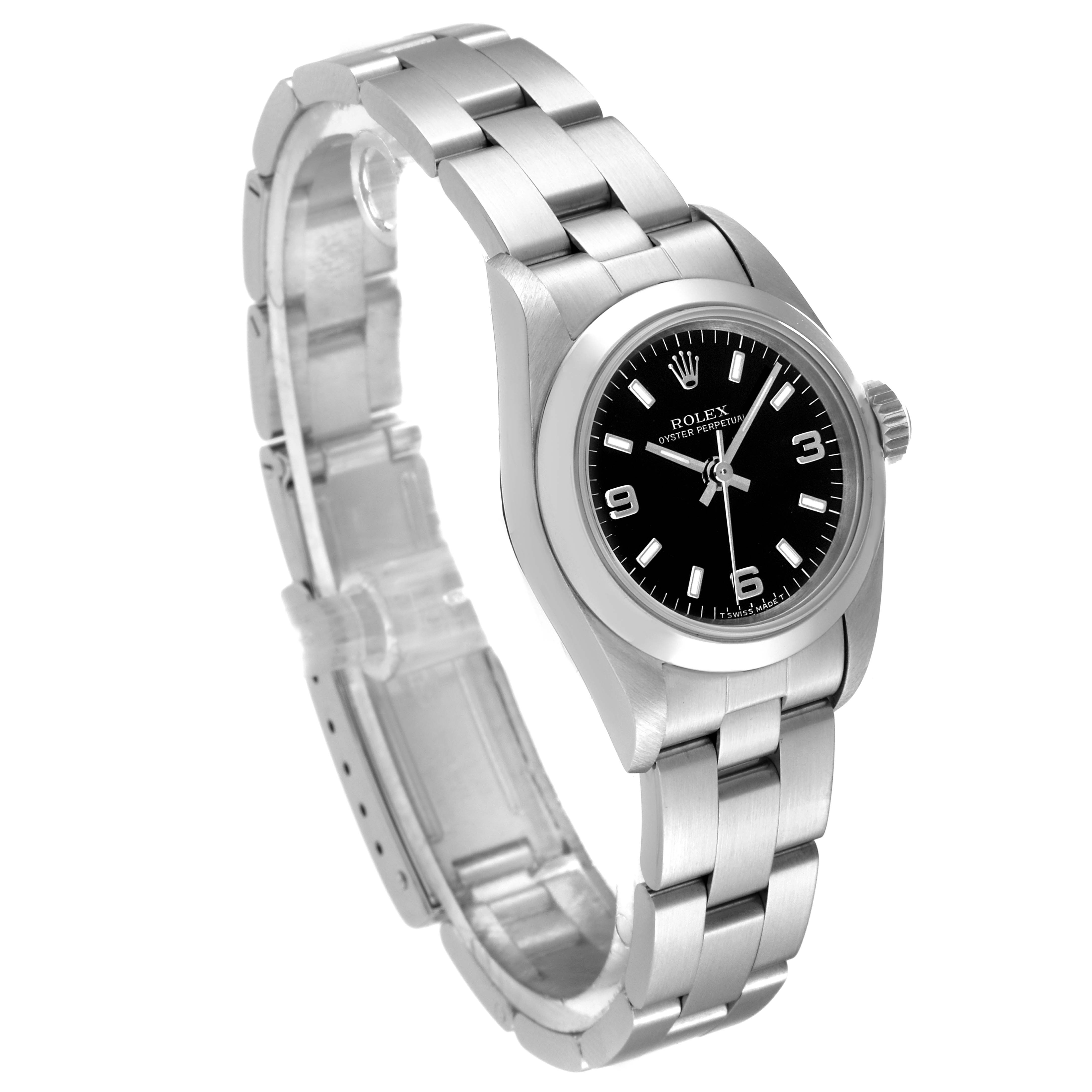 This image displays a Rolex Oyster Perpetual 67180 Women's Stainless Steel Black Dial 67180 Women's Stainless Steel Black Dial watch at a three-quarter angle, showing the face, bezel, and bracelet.
