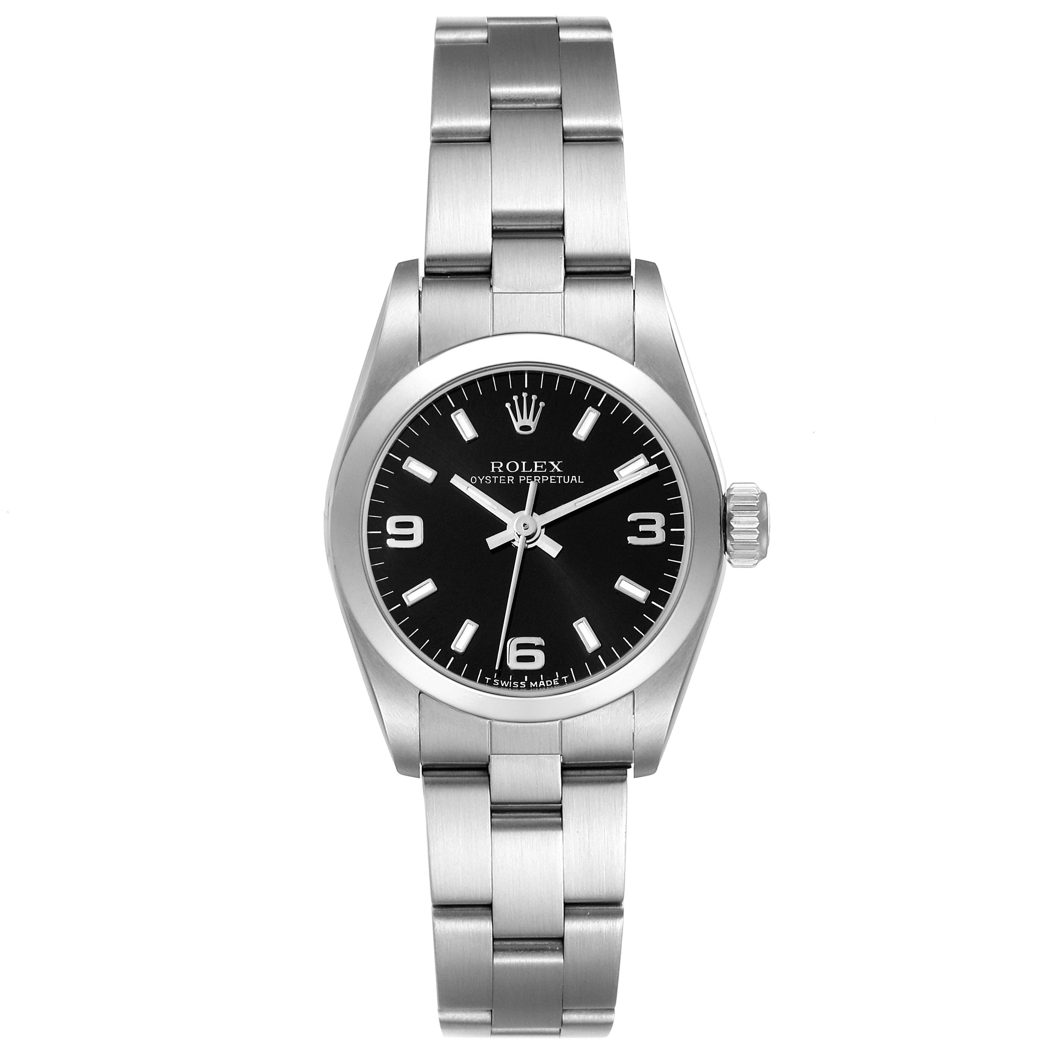 The image shows a front view of a Rolex Oyster Perpetual 67180 Women's Stainless Steel Black Dial 67180 Women's Stainless Steel Black Dial watch, displaying the face, bezel, and bracelet.