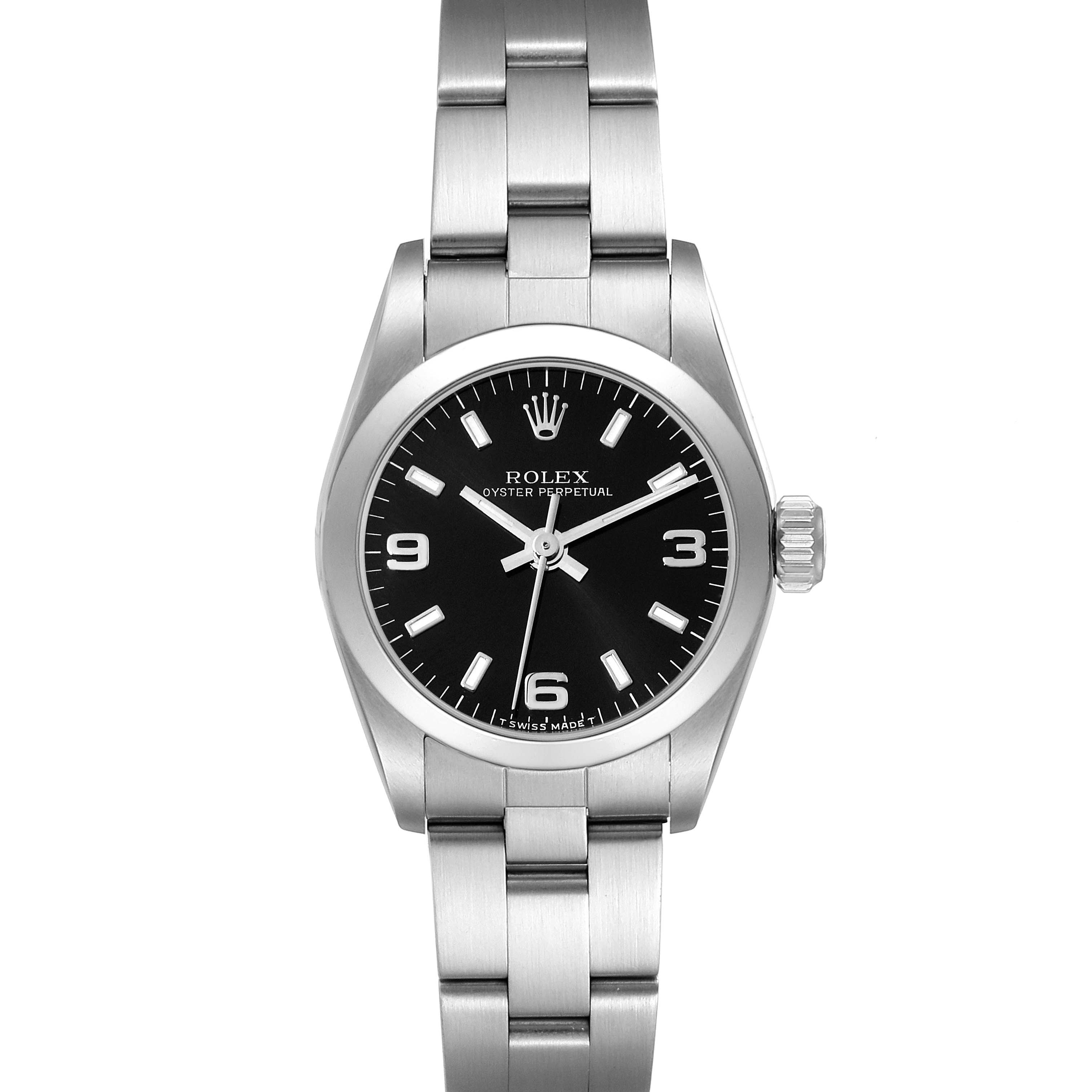 This image shows a front view of the Rolex Oyster Perpetual 67180 Women's Stainless Steel Black Dial 67180 Women's Stainless Steel Black Dial watch, highlighting its dial, bezel, and bracelet.