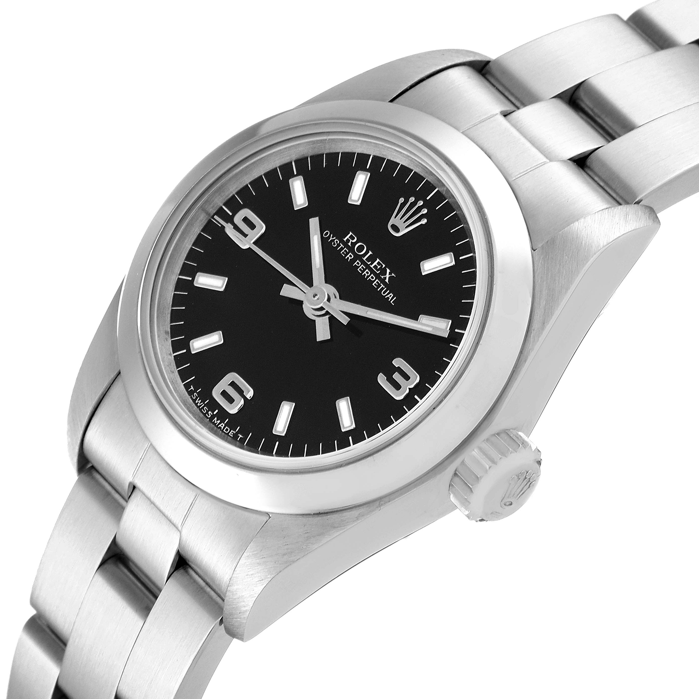 The image showcases a close-up of the face and partly visible bracelet of a Rolex Oyster Perpetual 67180 Women's Stainless Steel Black Dial 67180 Women's Stainless Steel Black Dial watch at an angled view.