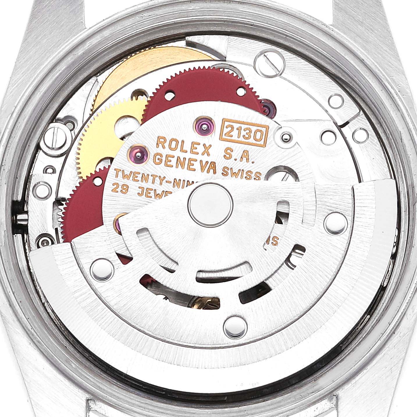 This image shows the internal mechanism of a Rolex Oyster Perpetual 67180 Women's Stainless Steel Black Dial 67180 Women's Stainless Steel Black Dial watch from a top-down angle.