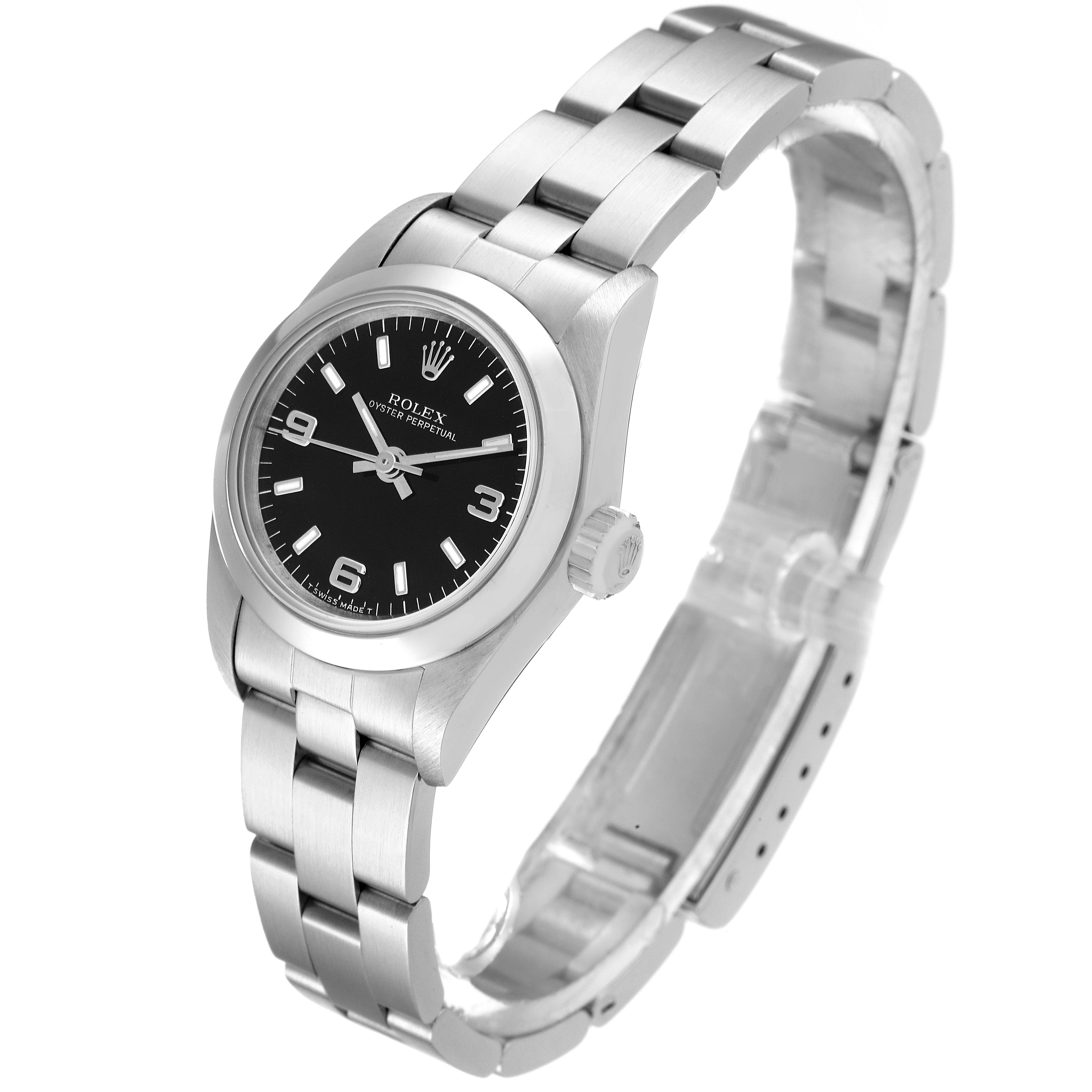 The image shows a Rolex Oyster Perpetual 67180 Women's Stainless Steel Black Dial 67180 Women's Stainless Steel Black Dial watch from a slightly angled side view, showcasing the dial, crown, and bracelet.