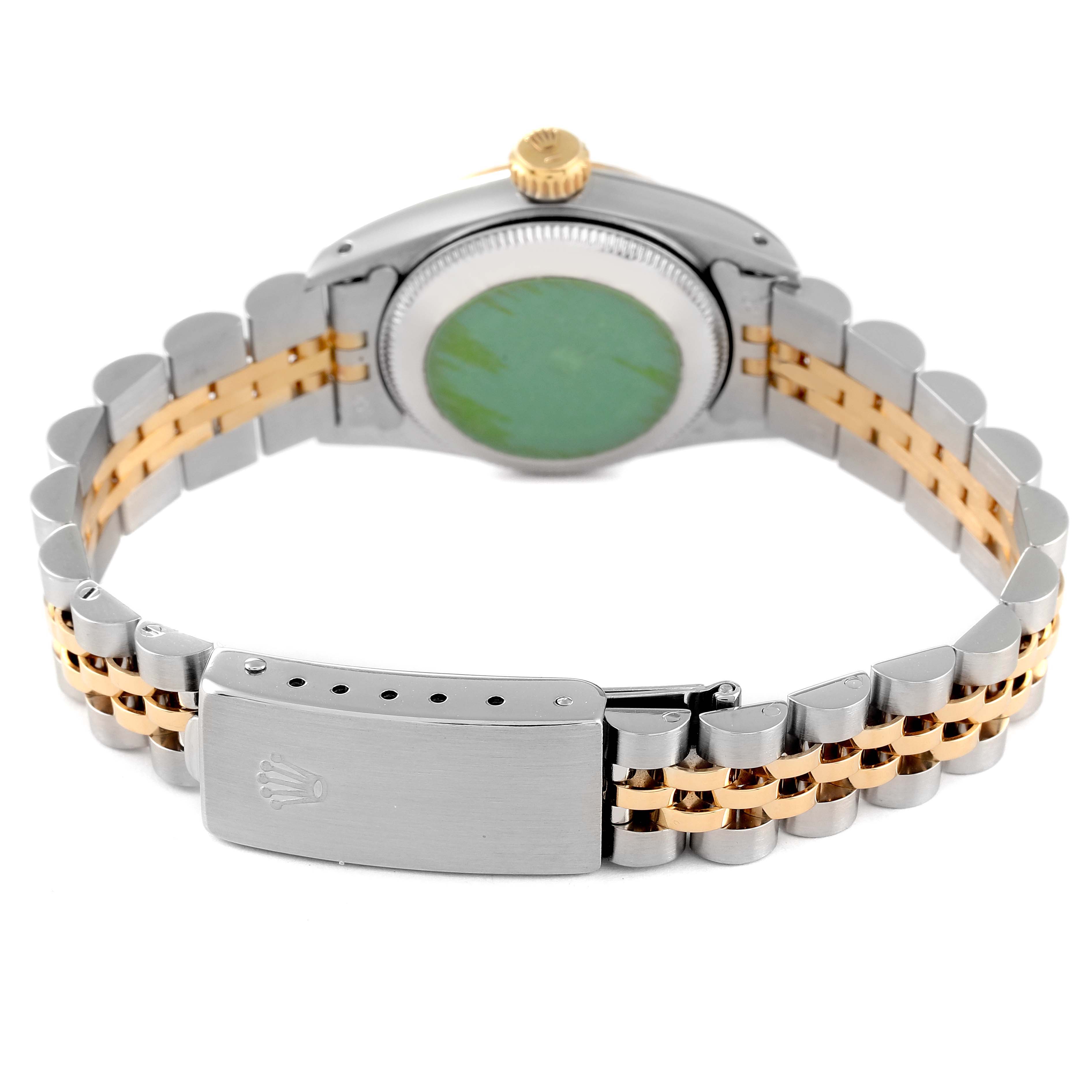 The image shows the back of the Rolex Oyster Perpetual 67193 Women's Steel and Gold (two tone) Champagne Dial 67193 Women's Steel and Gold (two tone) Champagne Dial, highlighting the case back, bracelet, and clasp.