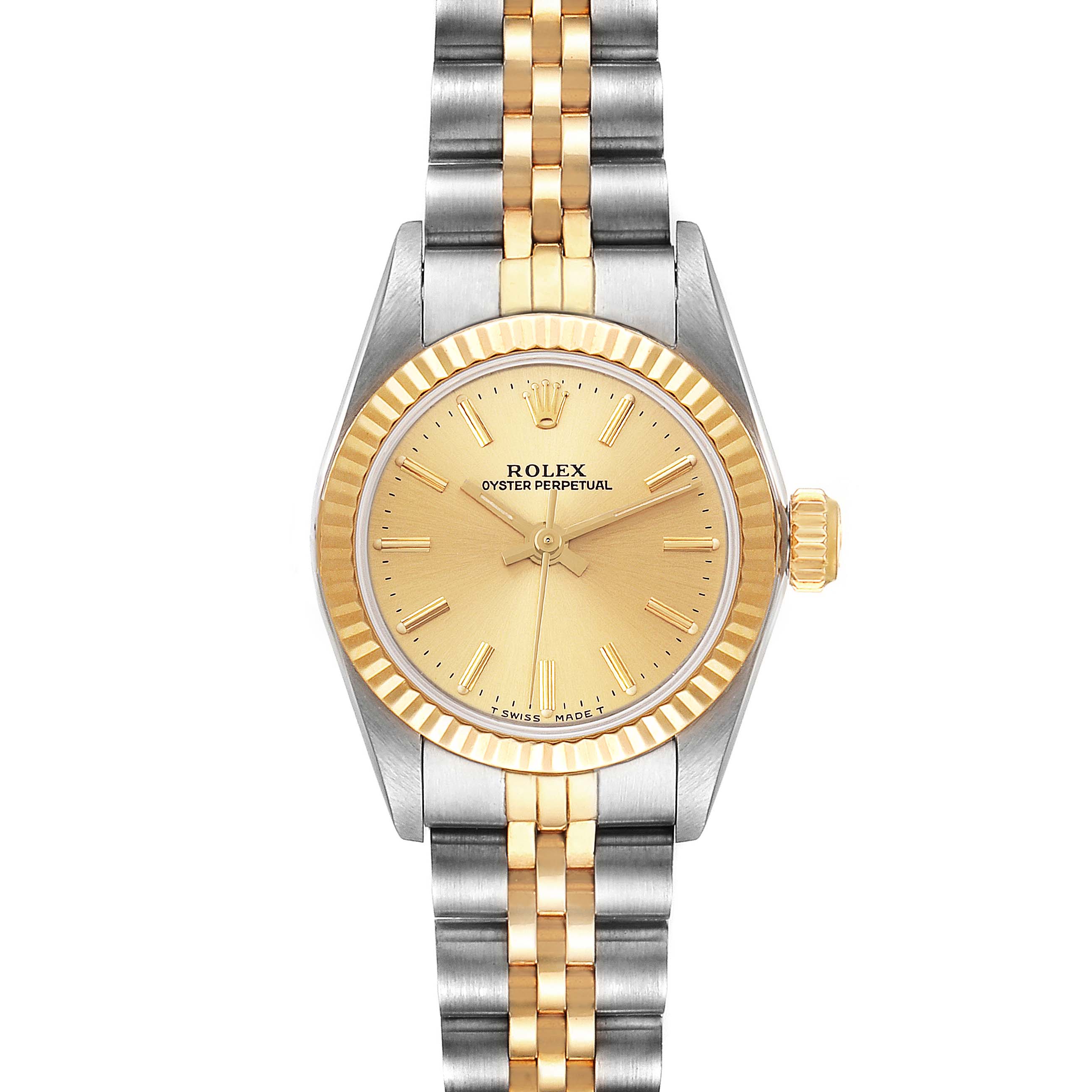 The image shows a frontal view of the Rolex Oyster Perpetual 67193 Women's Steel and Gold (two tone) Champagne Dial 67193 Women's Steel and Gold (two tone) Champagne Dial model, displaying the dial, crown, and bracelet.